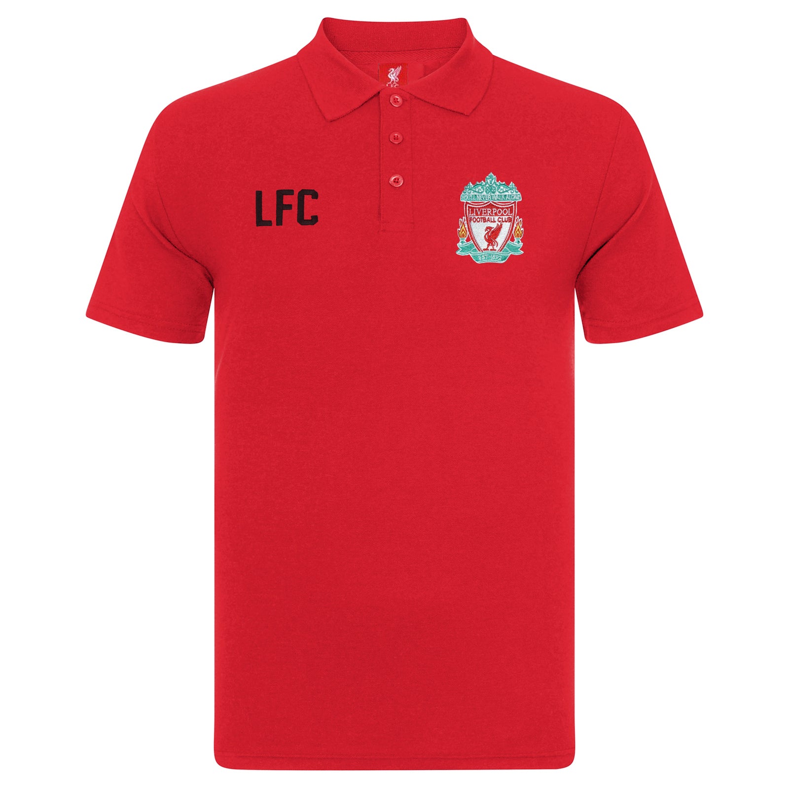 Liverpool kids polo shirt in red with LFC badge and Liverpool FC text to chest.