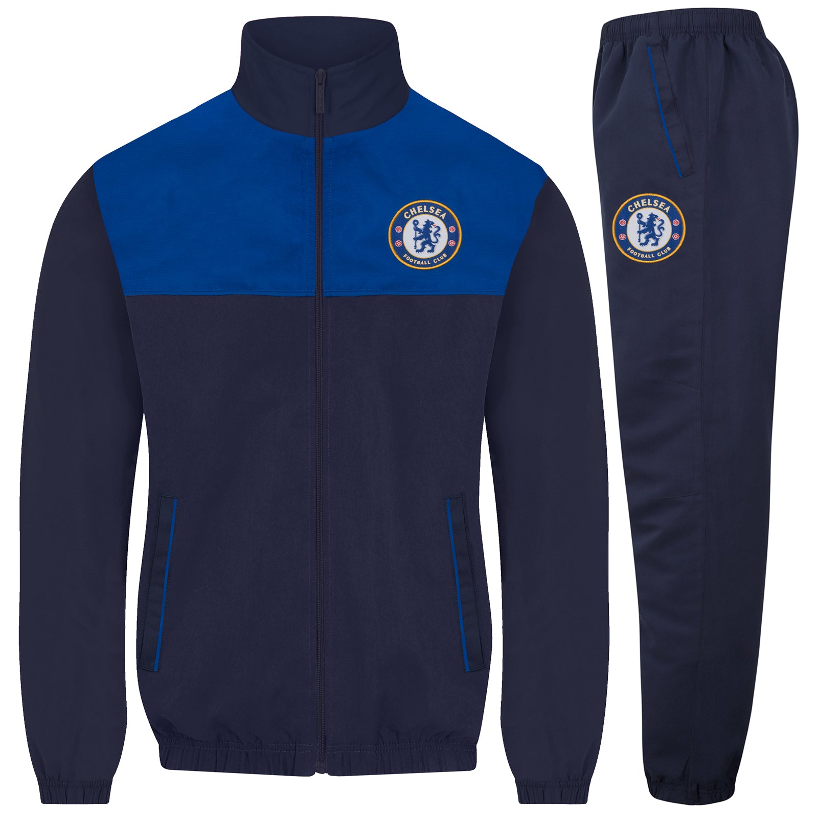 Chelsea adults tracksuit in navy blue with club crest to chest and left thigh