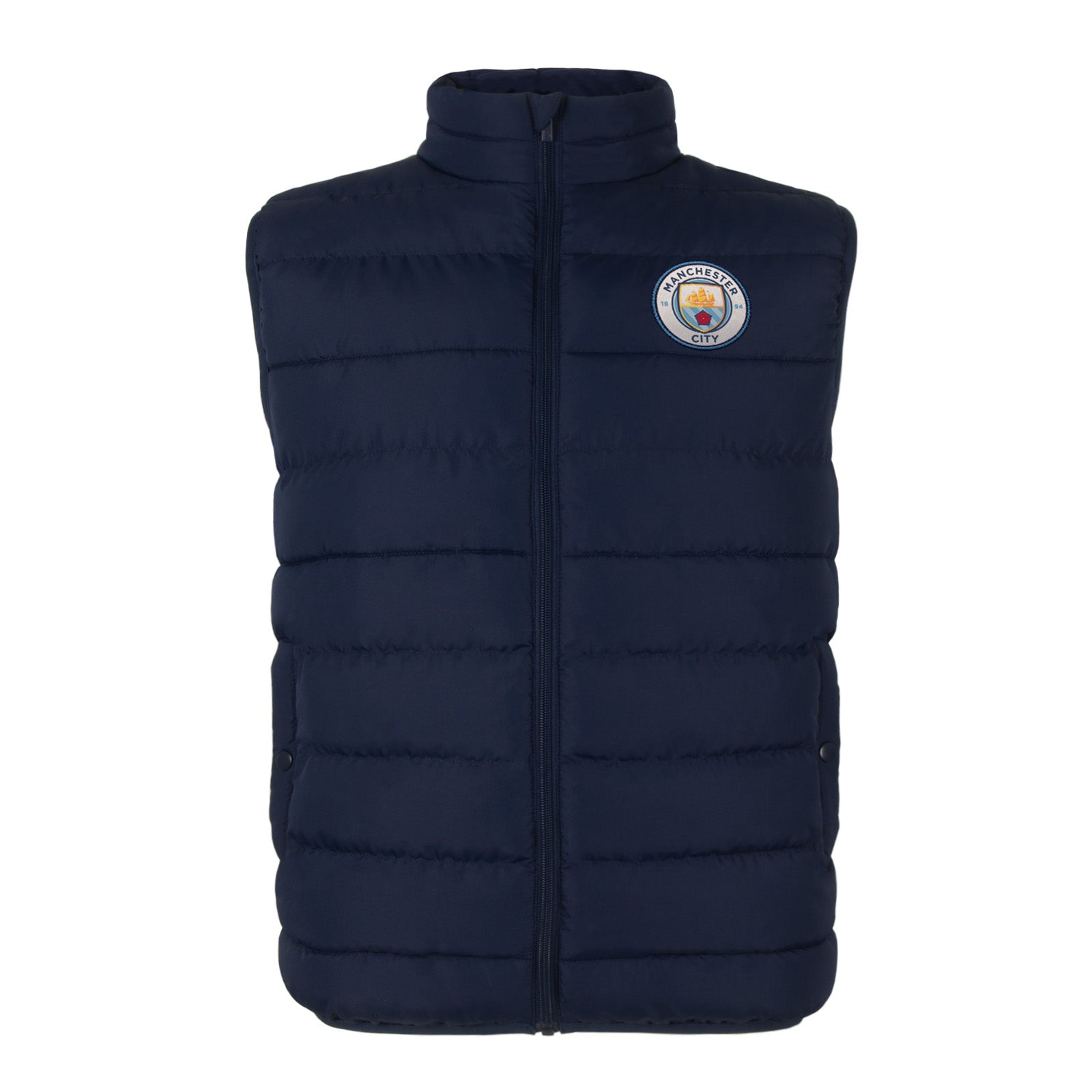 Man City kids gilet in black with full colour club crest to chest.