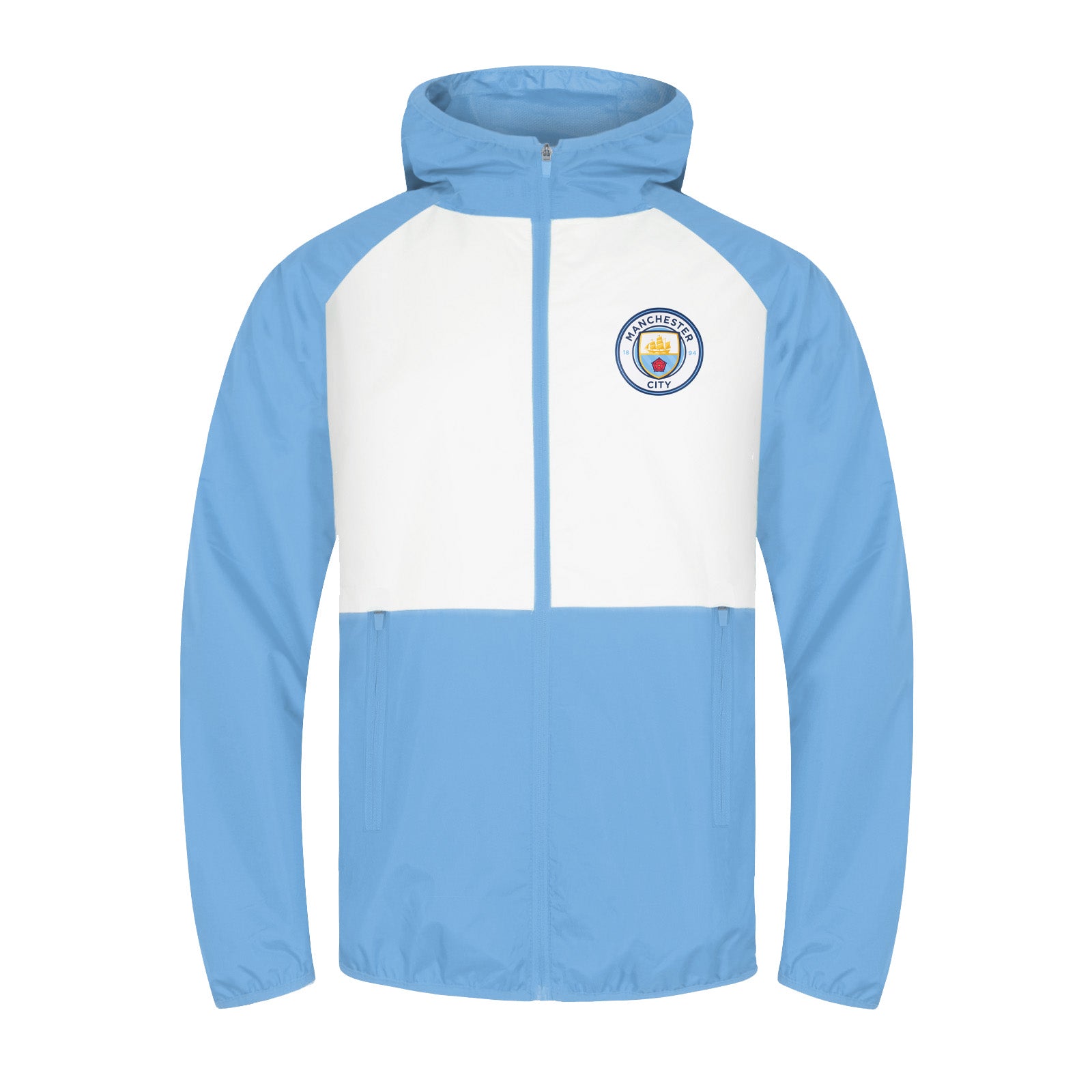 Man City adults shower jacket in sky blue & white with club crest to chest.