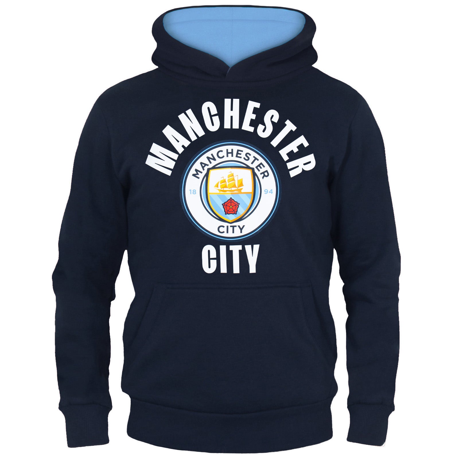 Man City kids graphic hoodie in sky with MCFC club crest to the centre of the body.
