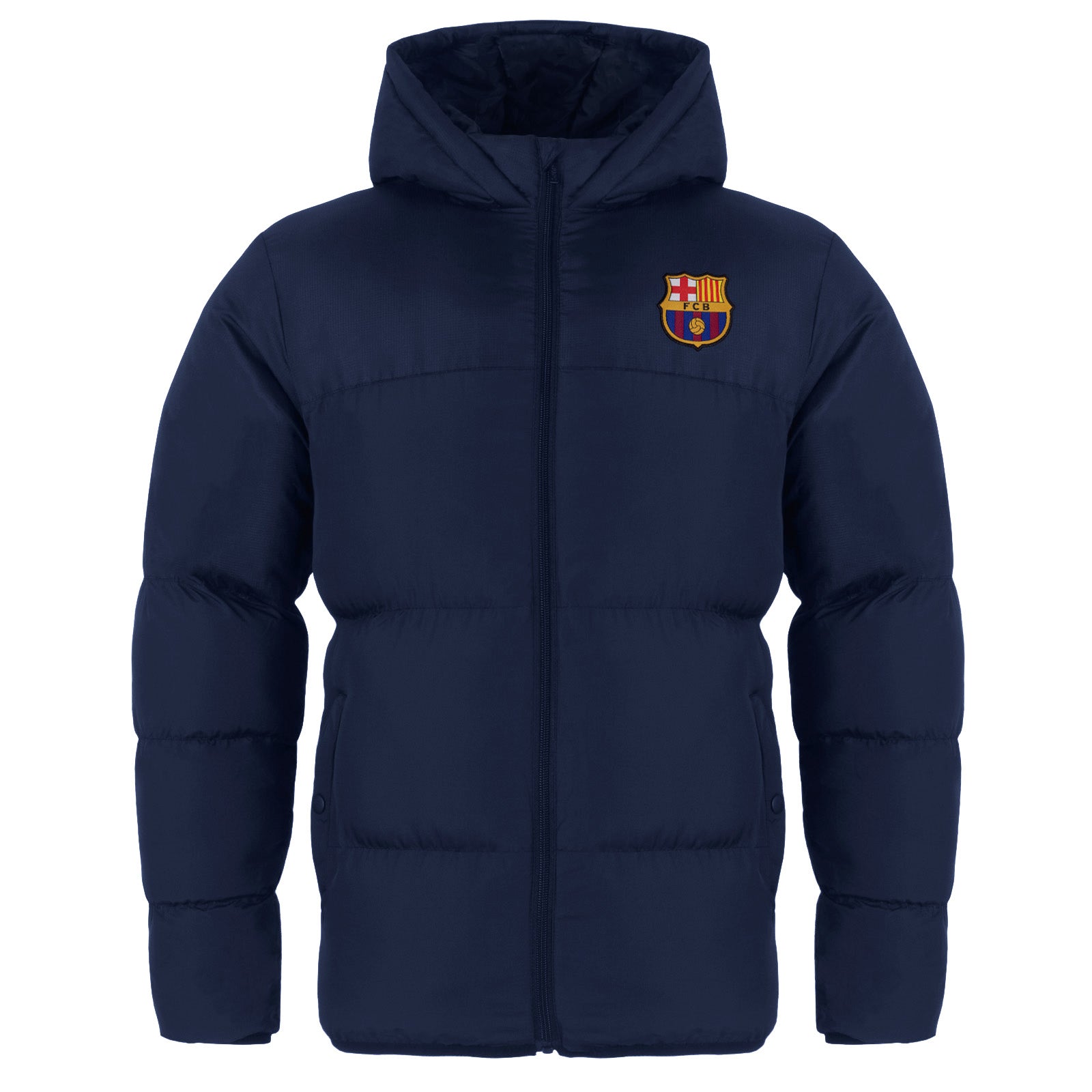 FC Barcelona kids quilted jacket coat in navy with club crest to chest.