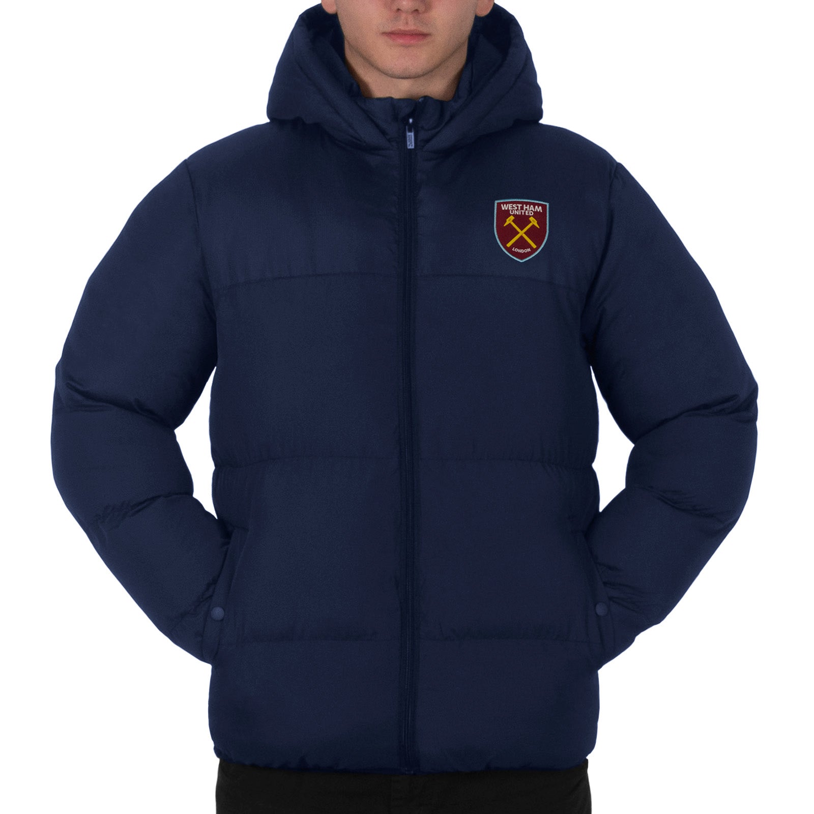 West Ham adults quilted jacket in navy with club crest to chest.