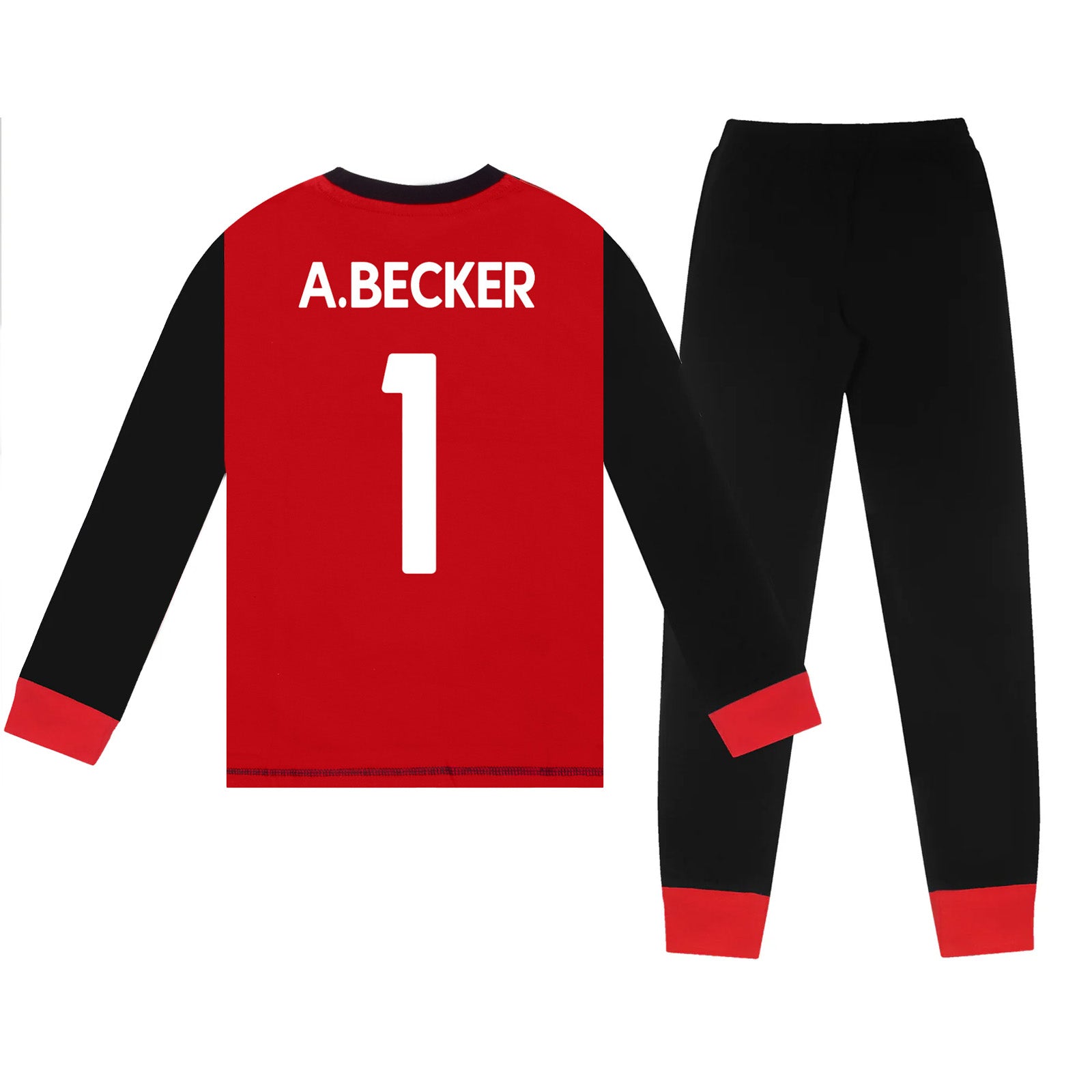 Liverpool kids long pyjamas in red & black. Long sleeve top with club crest. Long legged bottoms with crest.