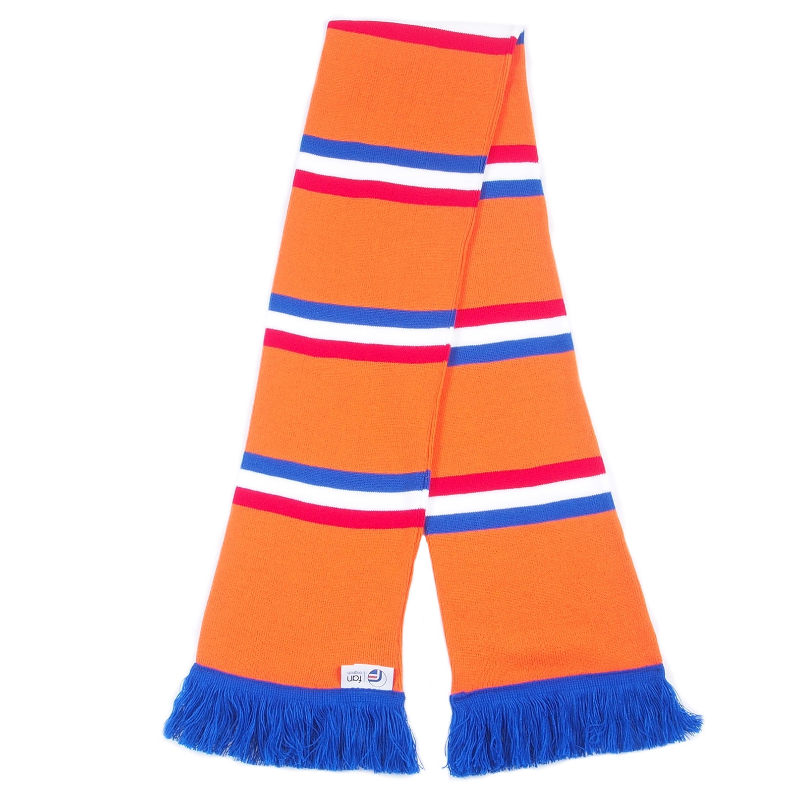 Rangers retro football bar scarf in orange with red, blue & white pinstripes