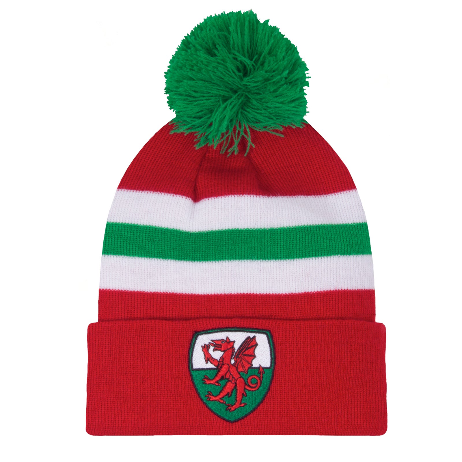 Wales football retro knitted bobble hat in red, white & green with Wales FA crest