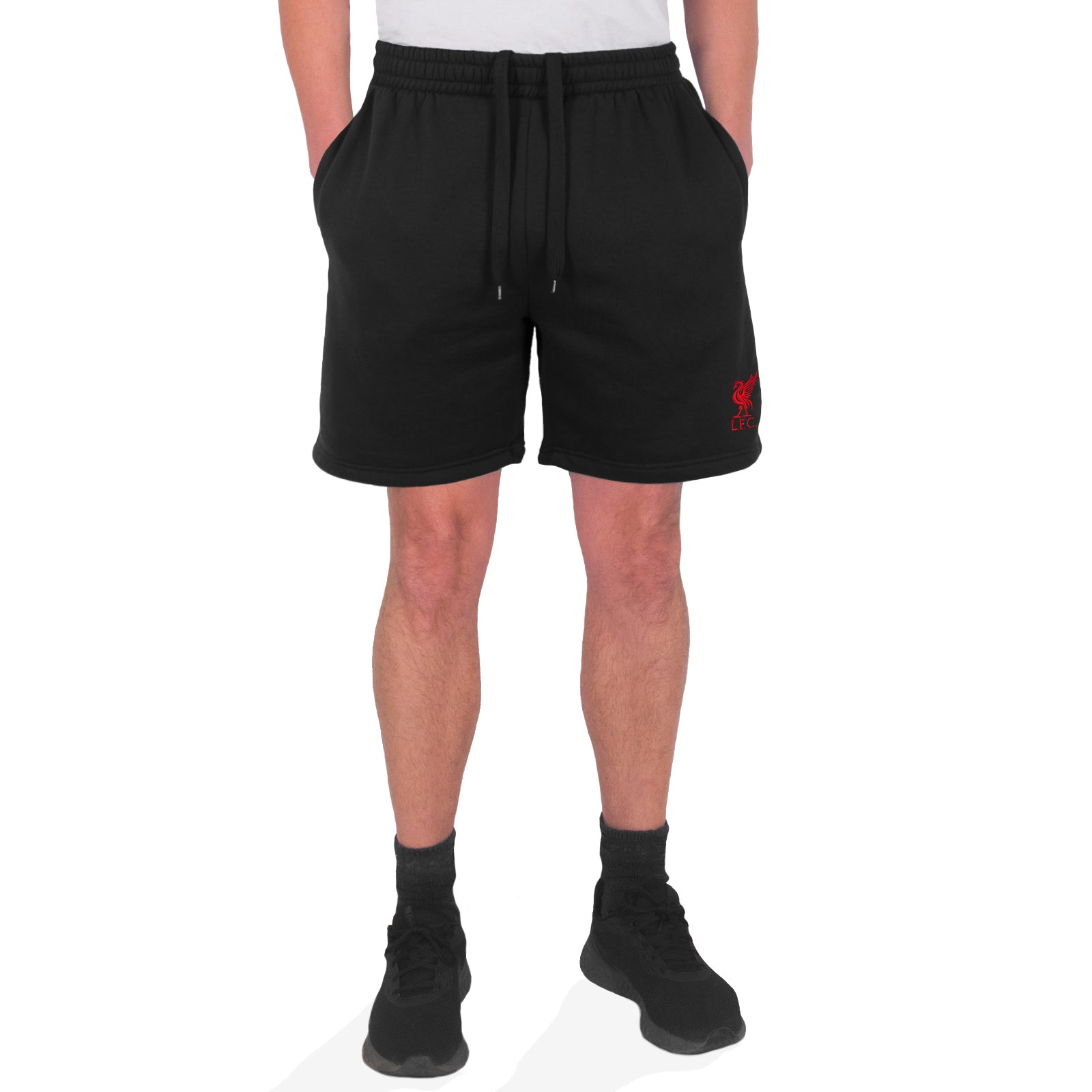 Liverpool adults fleece shorts in black with crest to left leg and pockets to front & back.