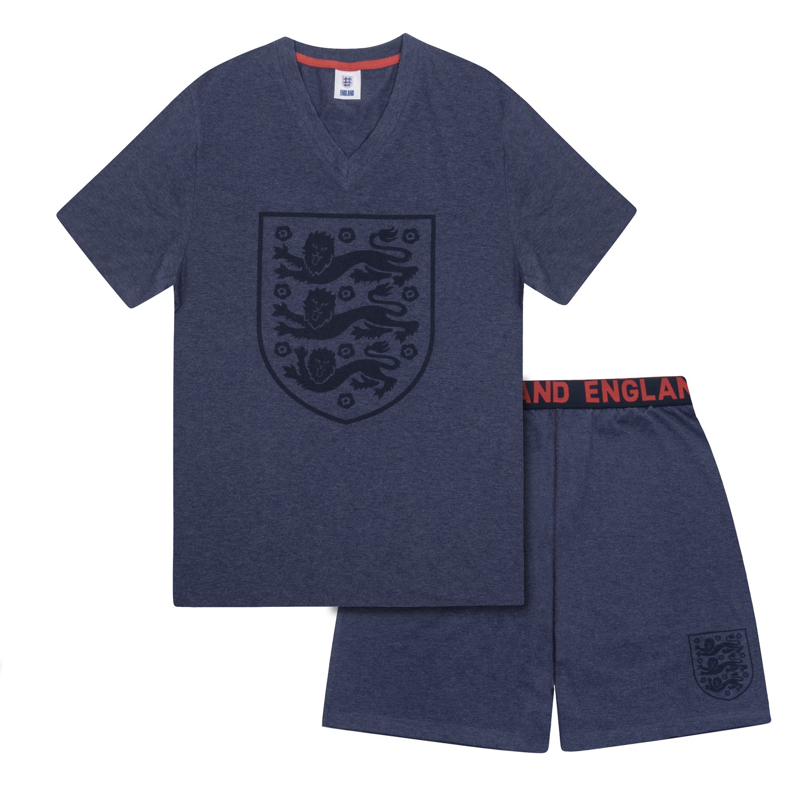 England adults short pyjamas in navy marl. T-shirt and shorts set featuring the three lions crest plus 'ENGLAND text to the waistband