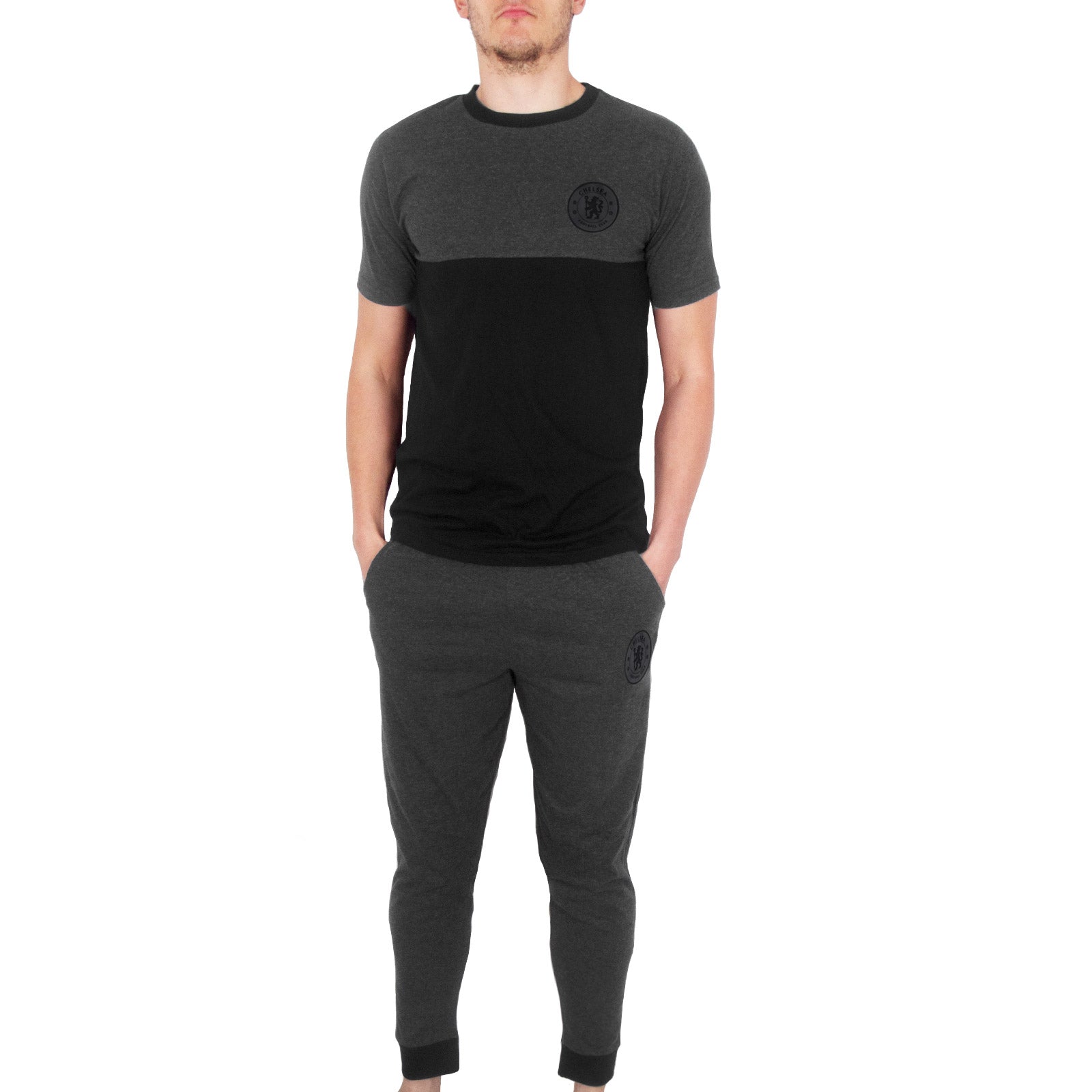 Chelsea adults long yjamas in navy blue. Two-tone short sleeve top with club crest and long pyjama bottoms with badge