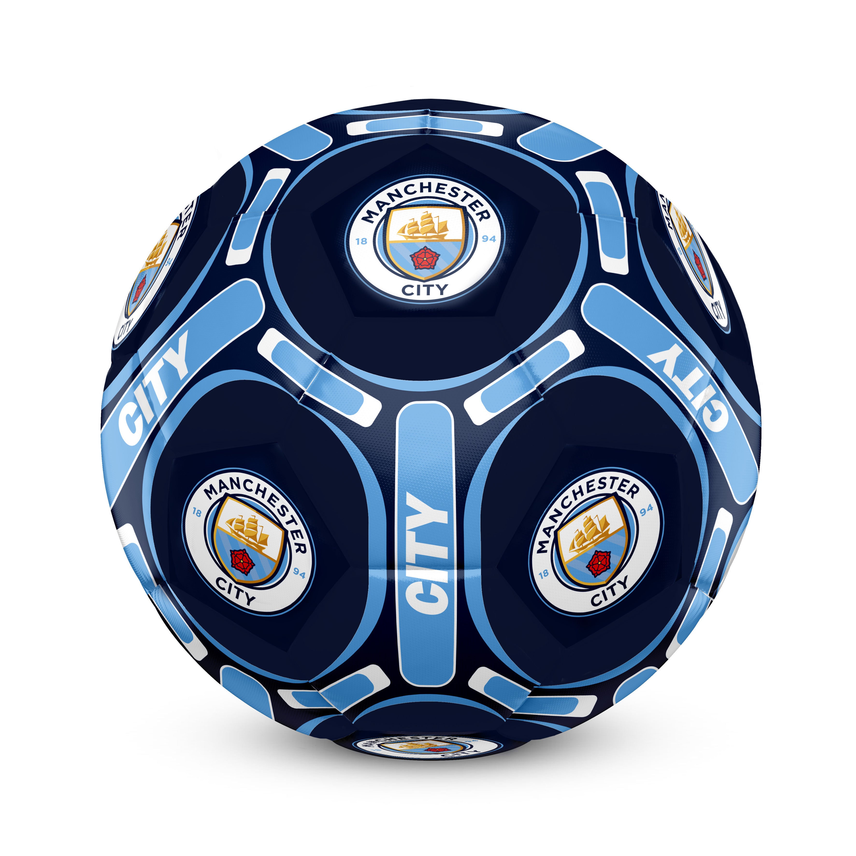 Man City size 4 blue football with MCFC crests & text.