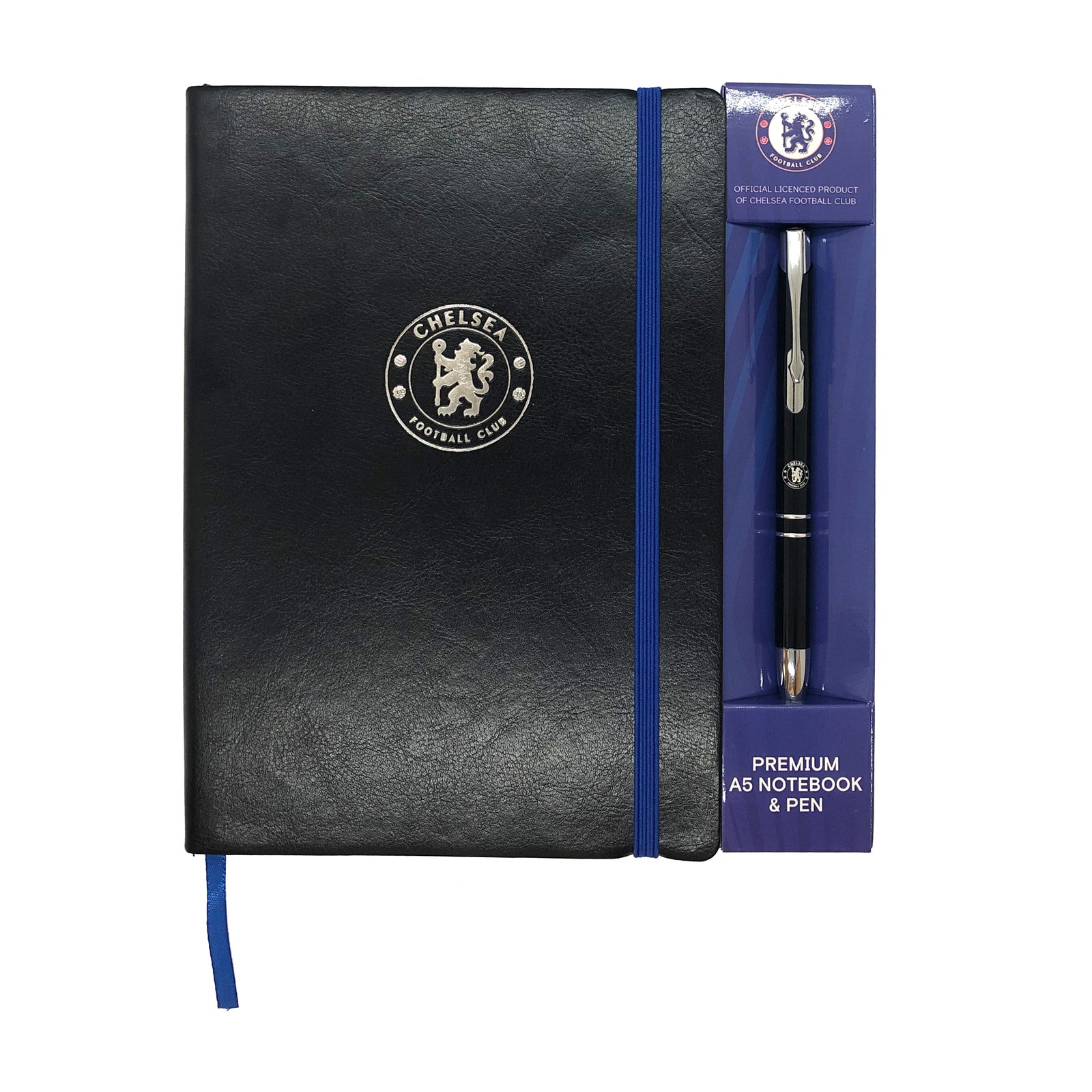 Chelsea notebook & pen in black with silver foil crest in club design gift box.