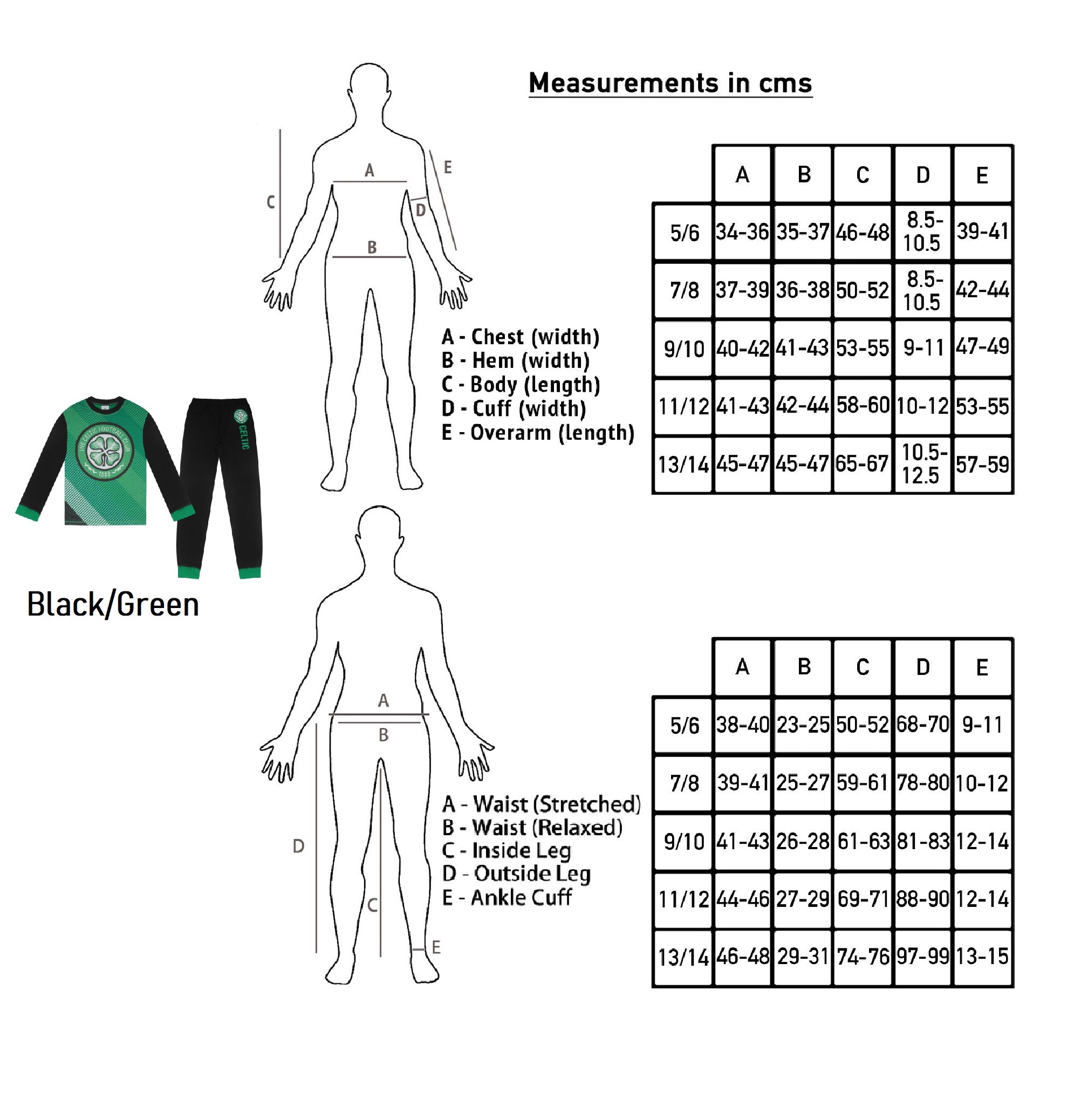 Celtic kids long pyjamas in black & grey. Long sleeve top with graphic and club crest. Long legged bottoms with crest.