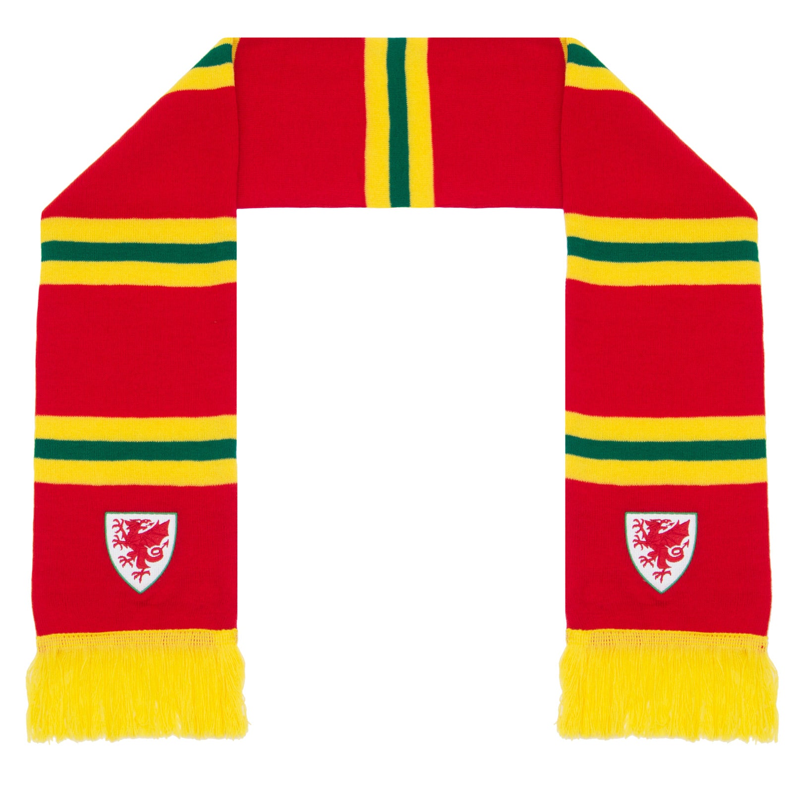 Official Wales FA retro bar scarf in red, yellow & green with Wales crest and fringe to each end