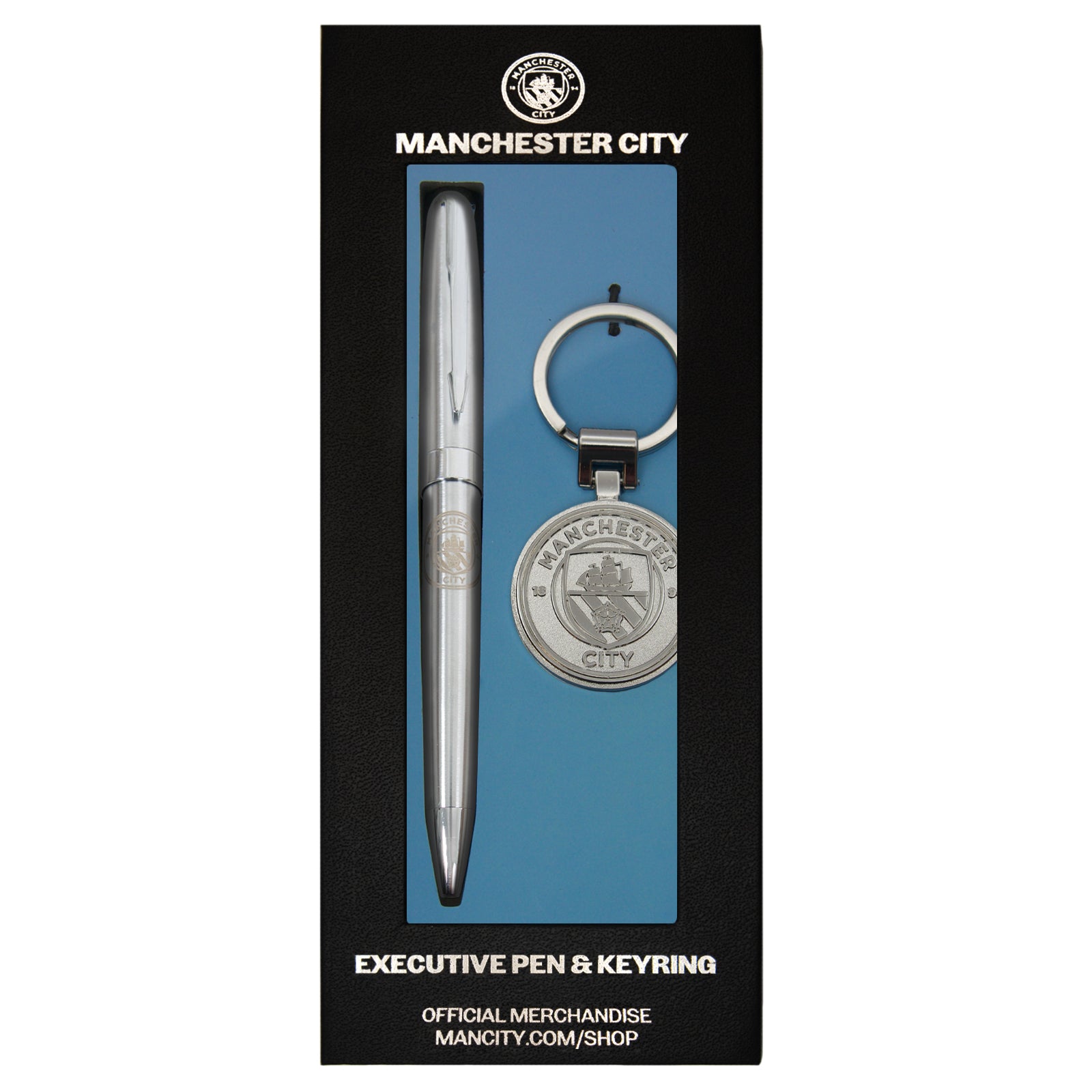 Man City pen and keyring set in silver with club crest in club design gift box