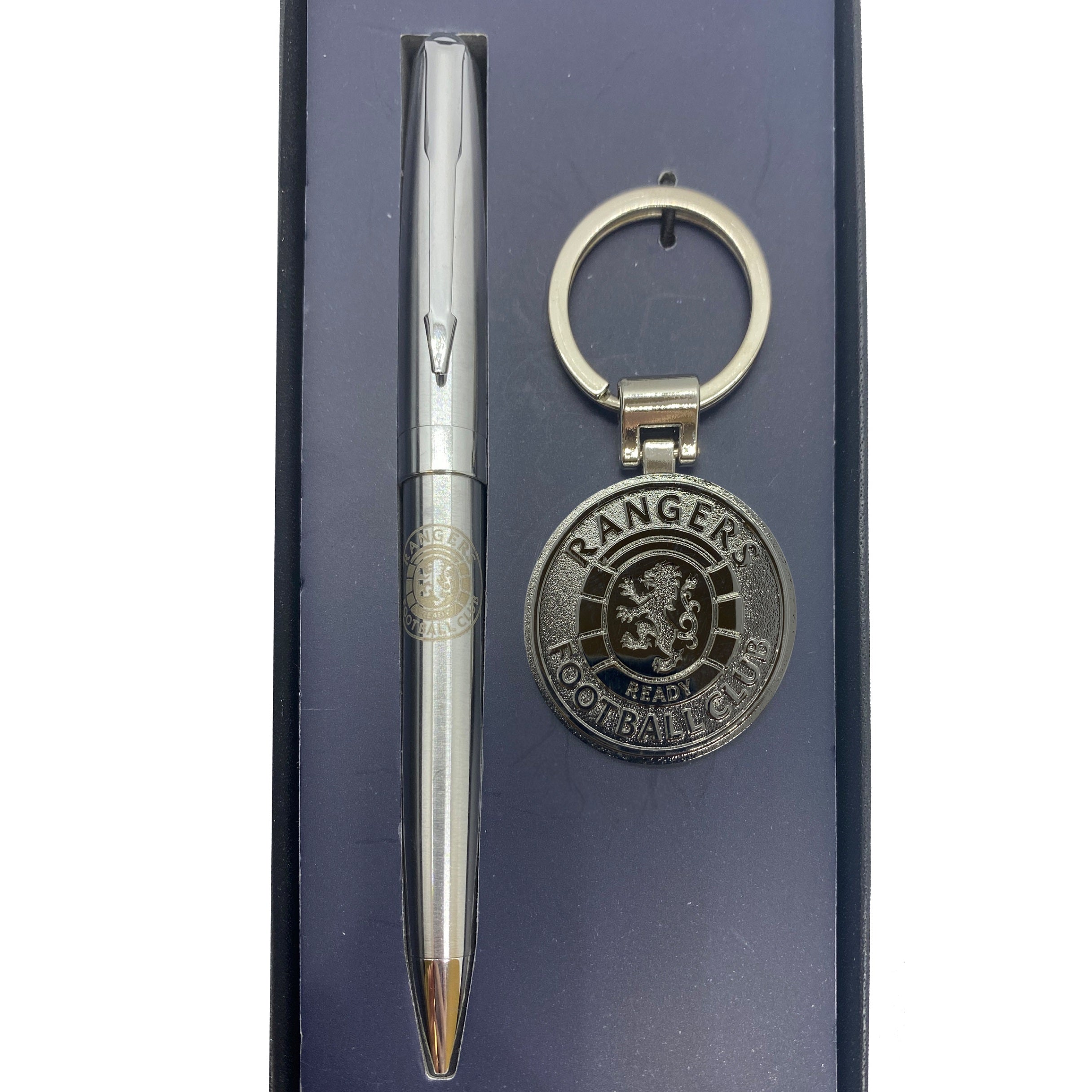 Rangers pen and keyring set in silver with club crest in club design gift box