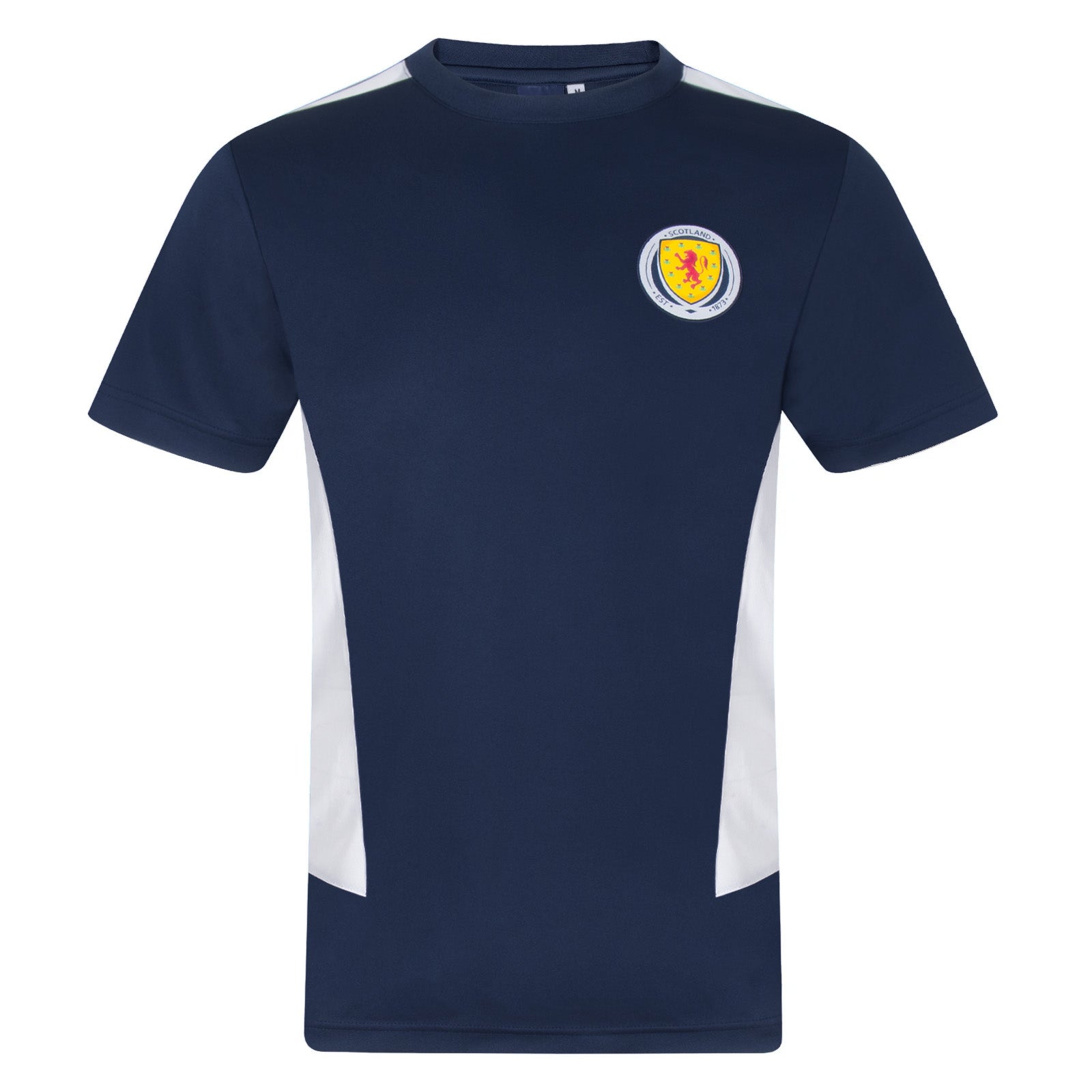 Scotland adults poly T-shirt in navy blue with national crest to chest.