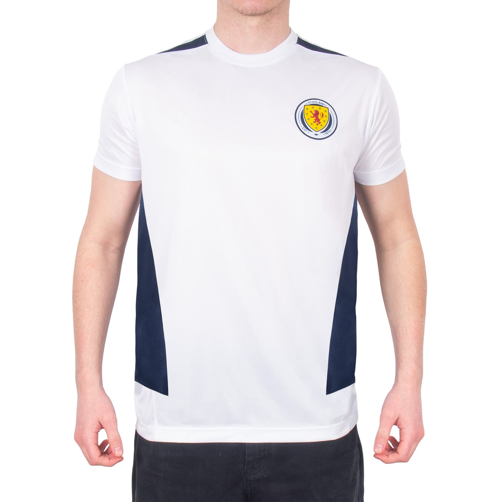 Scotland adults poly T-shirt in white with national team crest to chest.