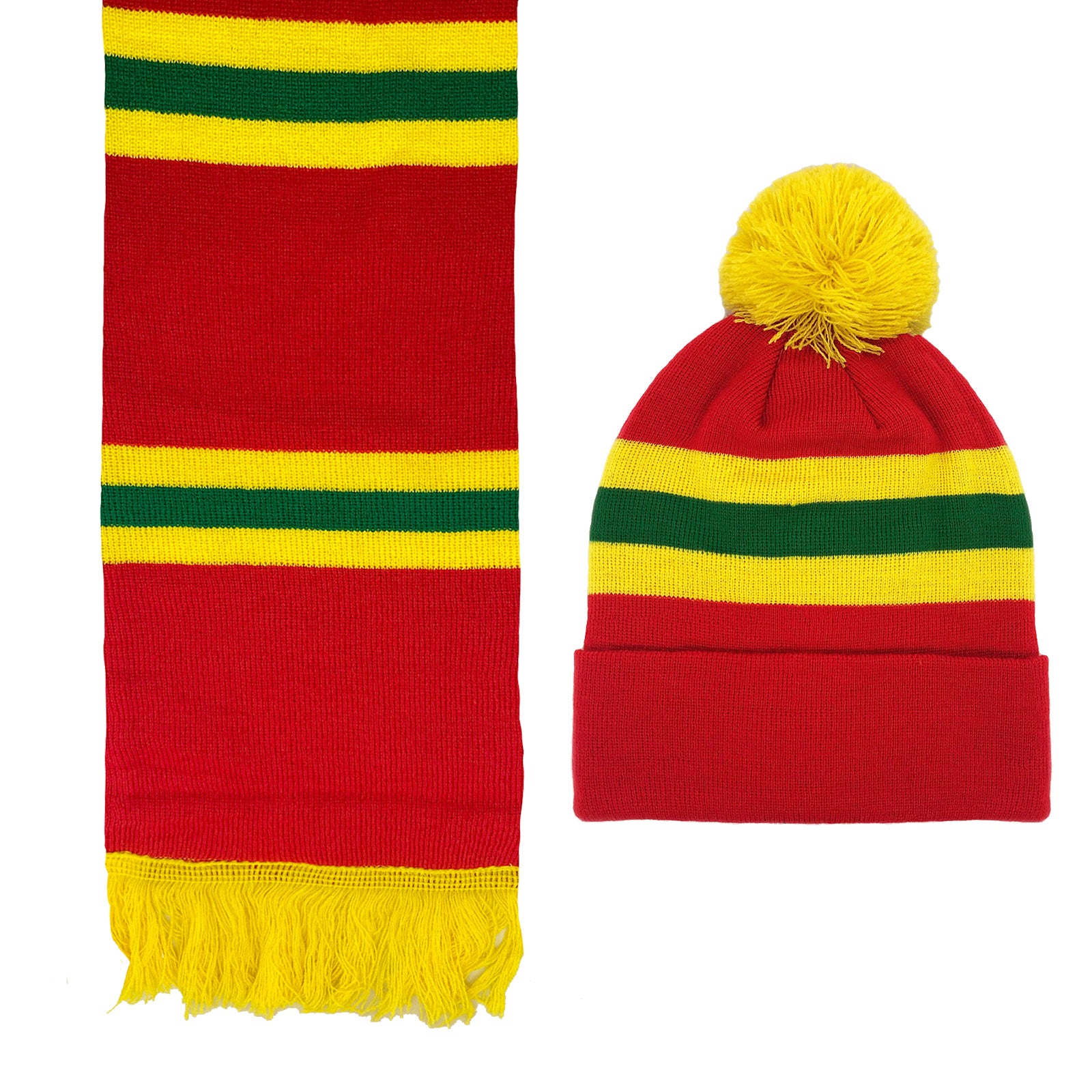 Wales football retro bobble hat & bar scarf set in red, yellow & green