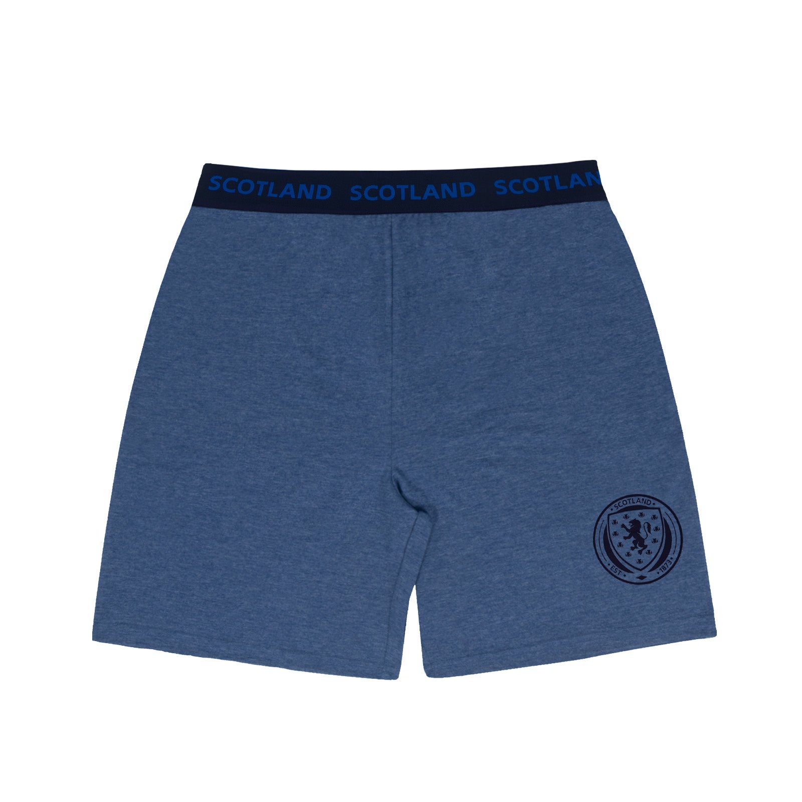 Scotland adults short pyjamas in navy marl. T-shirt and shorts set featuring the scottish FA team crest plus 'SCOTLAND' text to the waistband