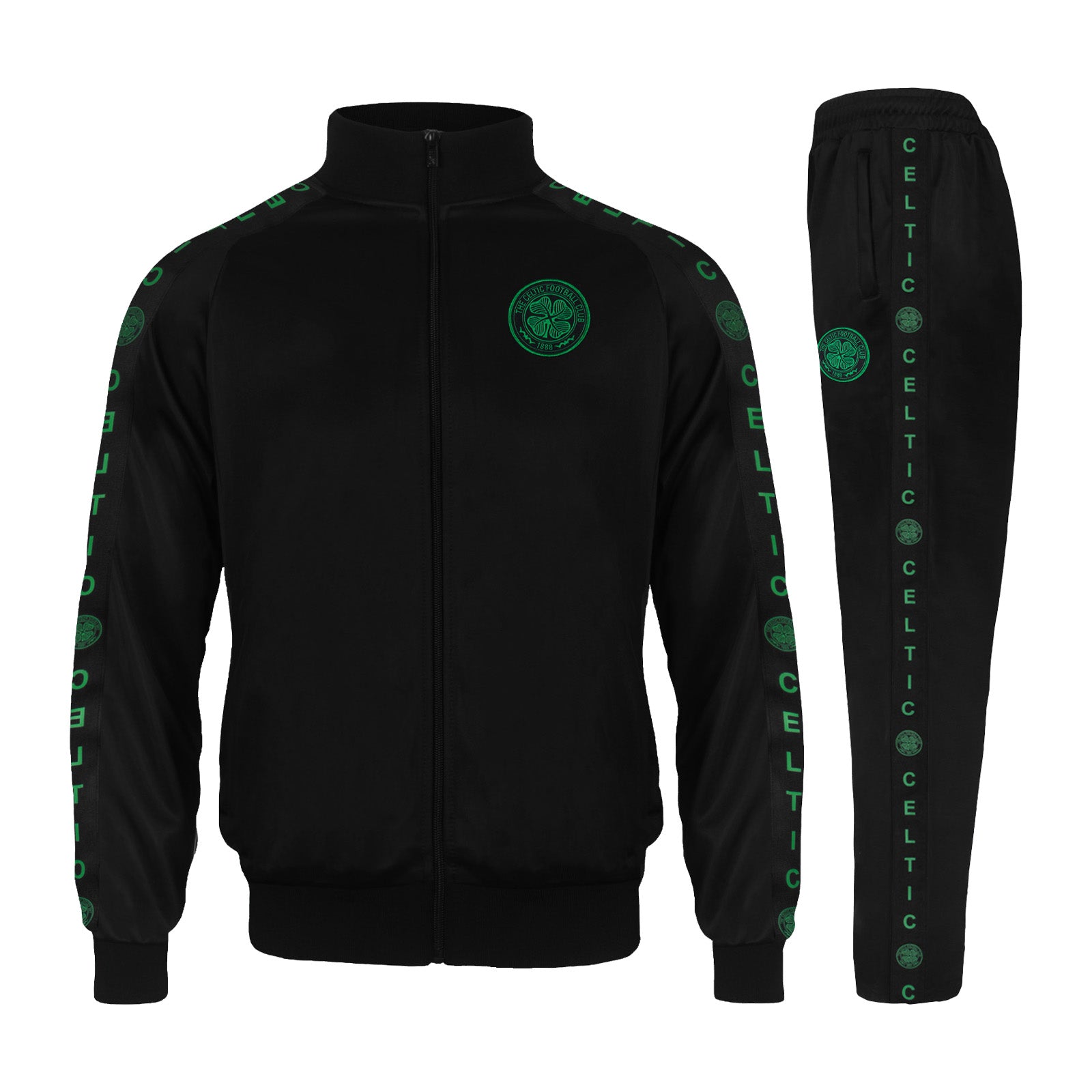 Celtic adults taped tracksuit in black with club crest and text to both top & pants