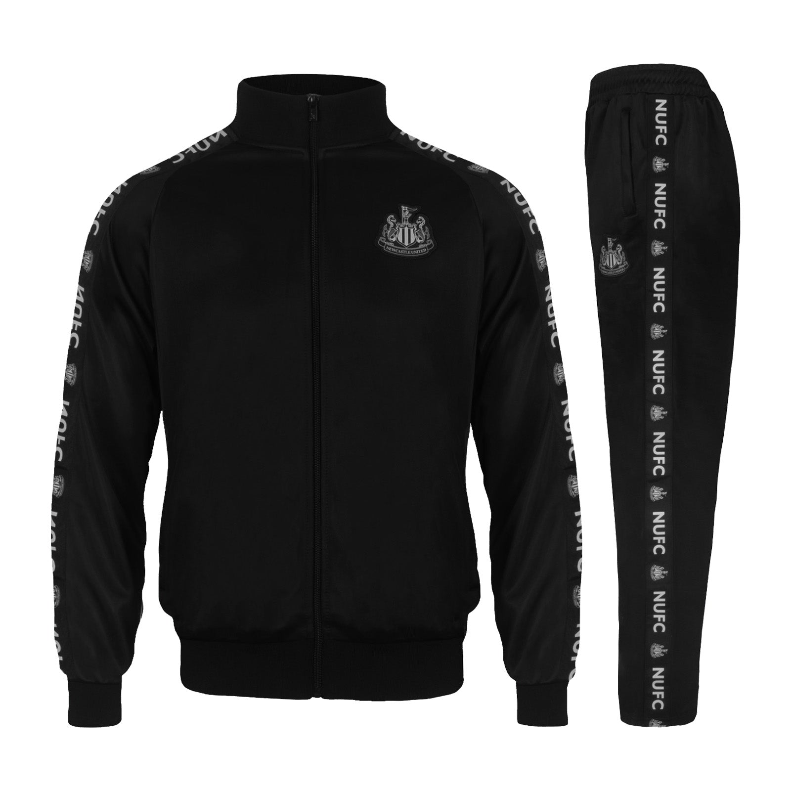 Newcastle United kids taped tracksuit in black with club crest and text to both top & pants