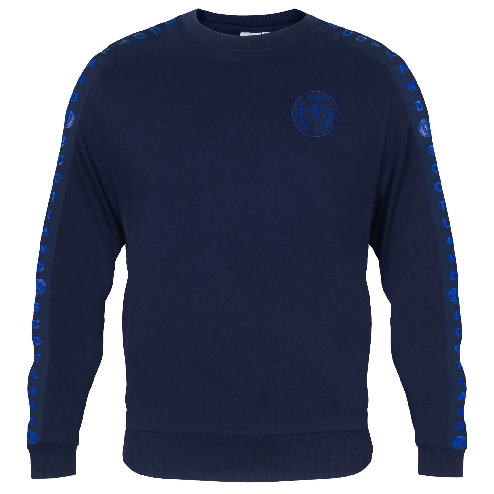 Scotland adults taped sweatshirt in navy blue with national team crest to chest and text to sleeves.