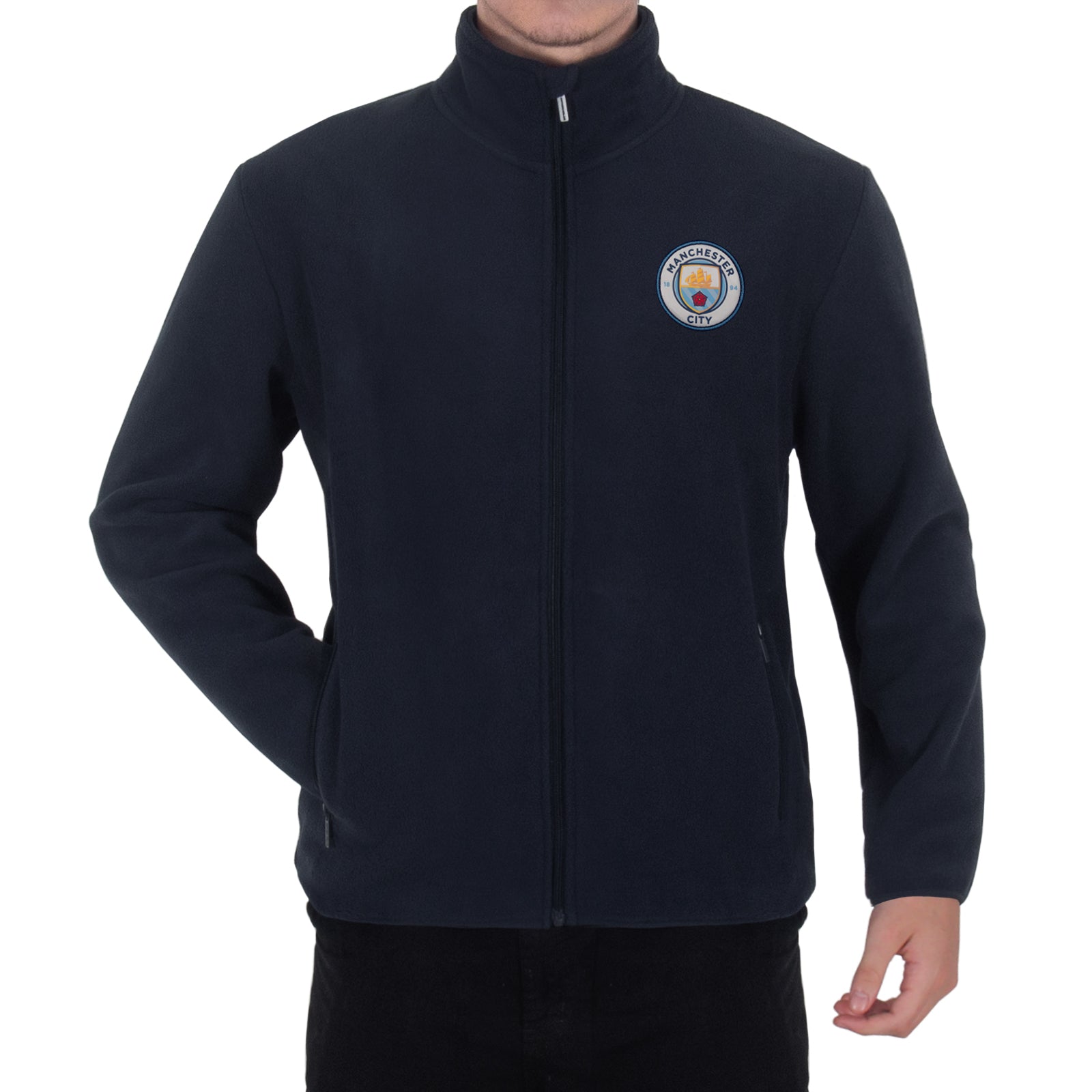 Manchester City adults microfleece jacket in navy with a woven club crest to chest.
