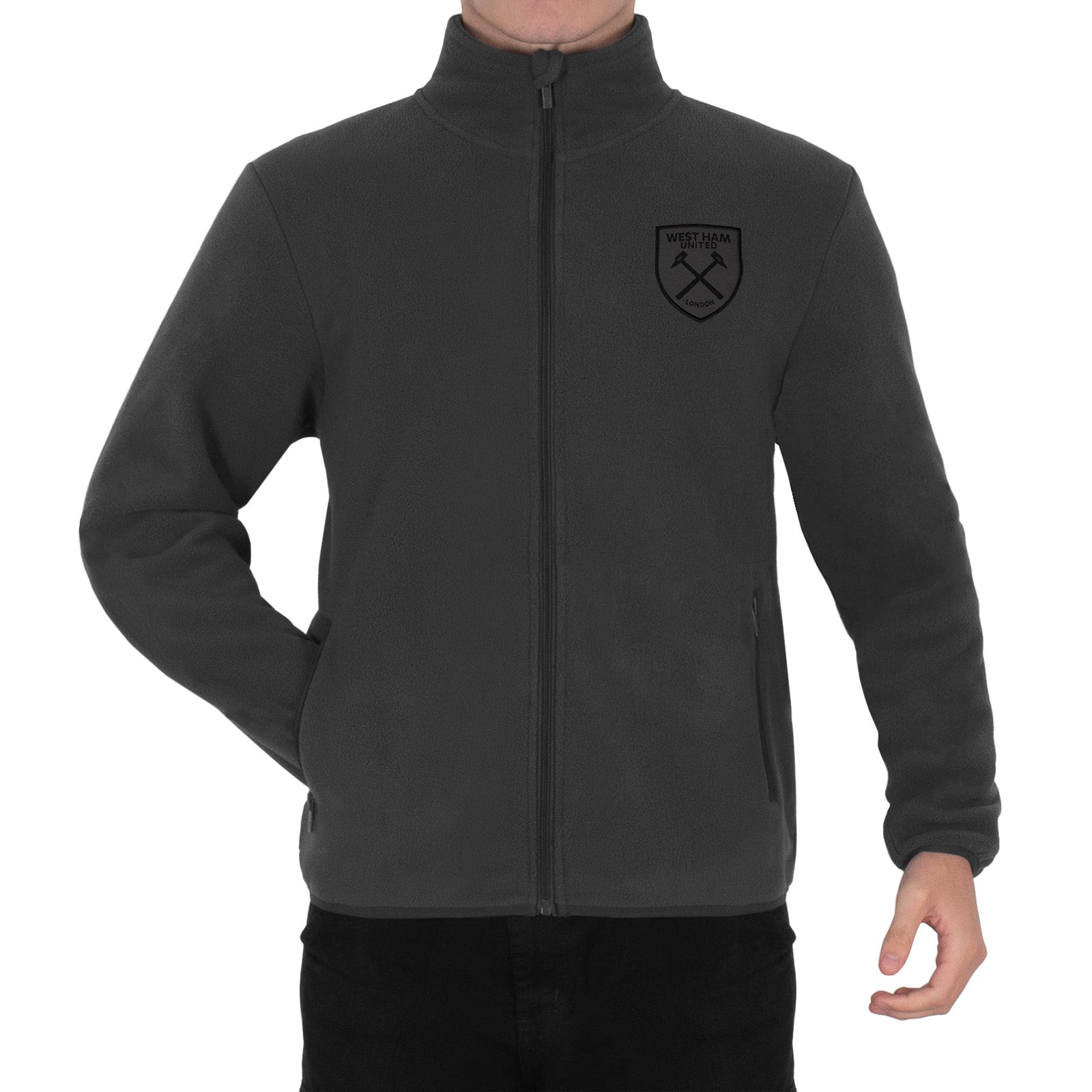 West Ham United adults microfleece jacket in grey with a woven club crest to chest.