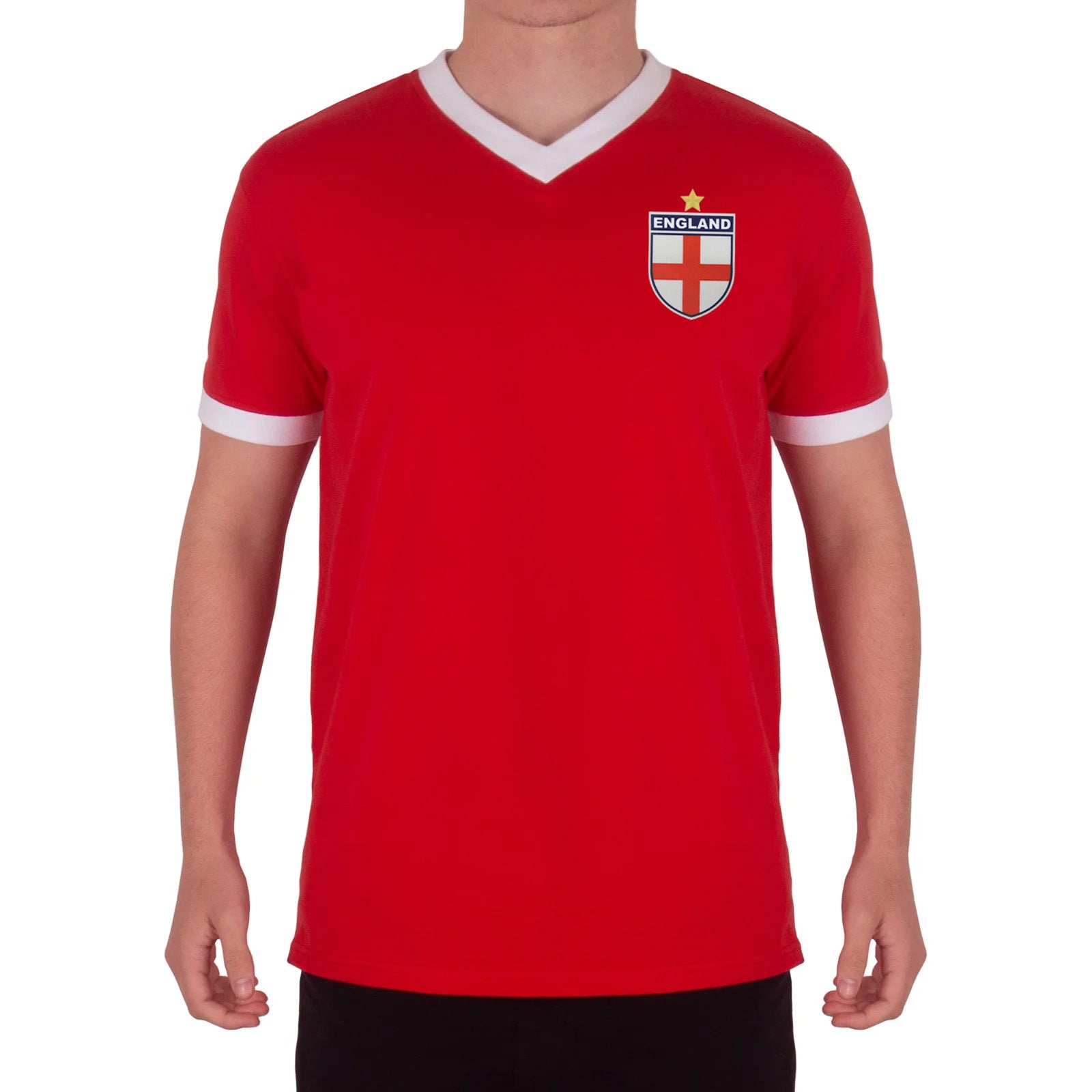 England adults retro ringer v-neck t-shirt in Red with contrast red trims and logo to chest