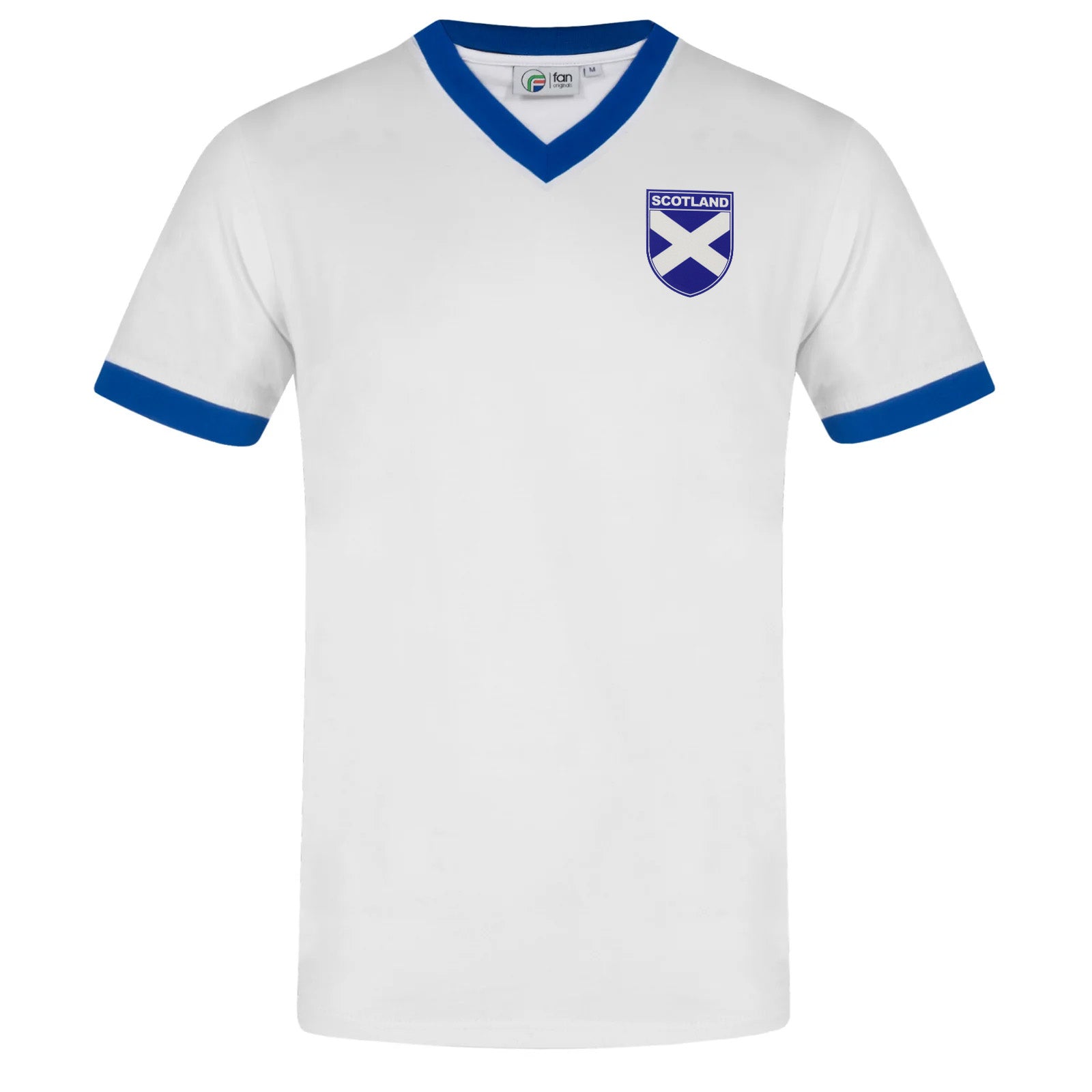 Scotland adults retro ringer t-shirt in white with contrast blue trims and logo to chest
