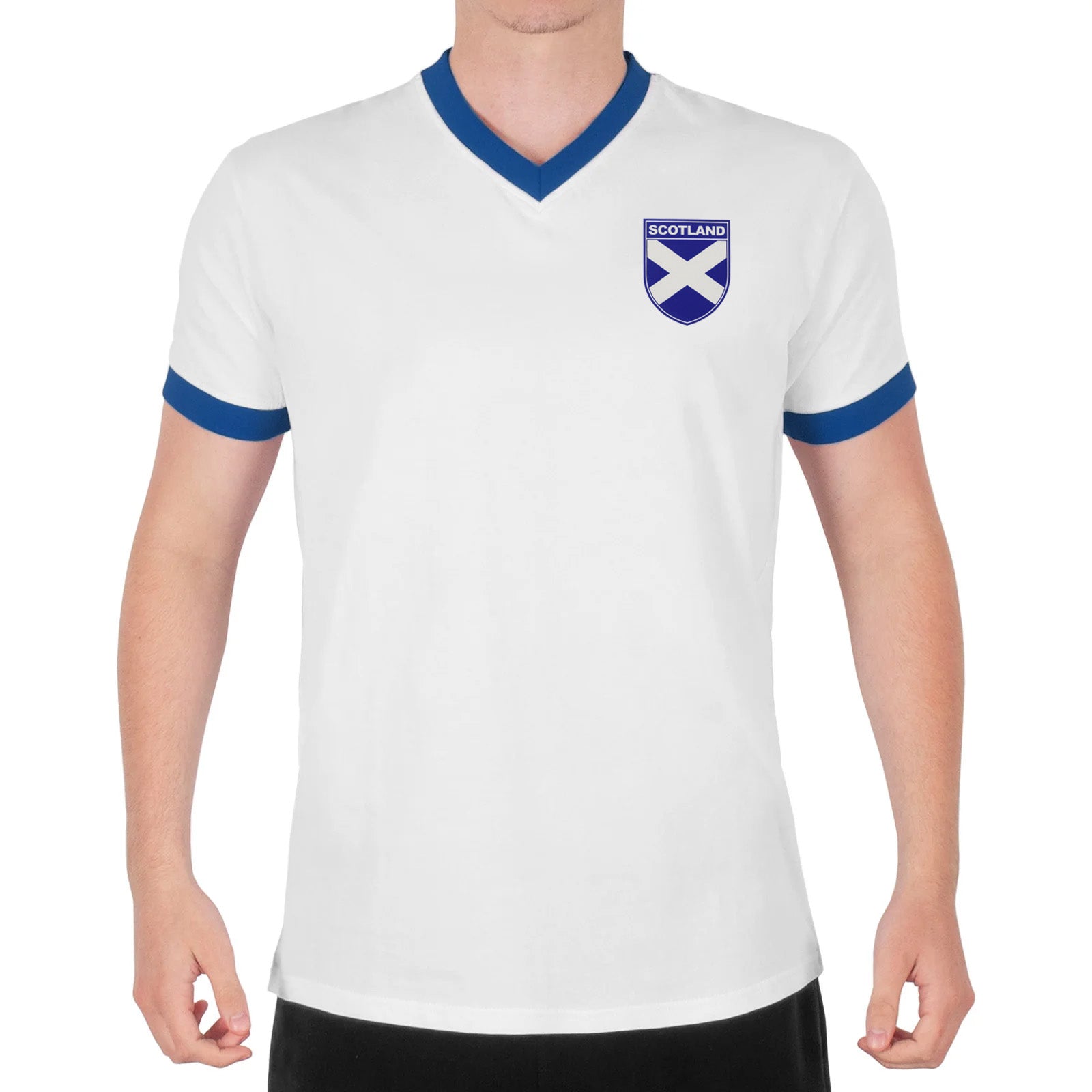 Scotland adults retro ringer t-shirt in white with contrast blue trims and logo to chest