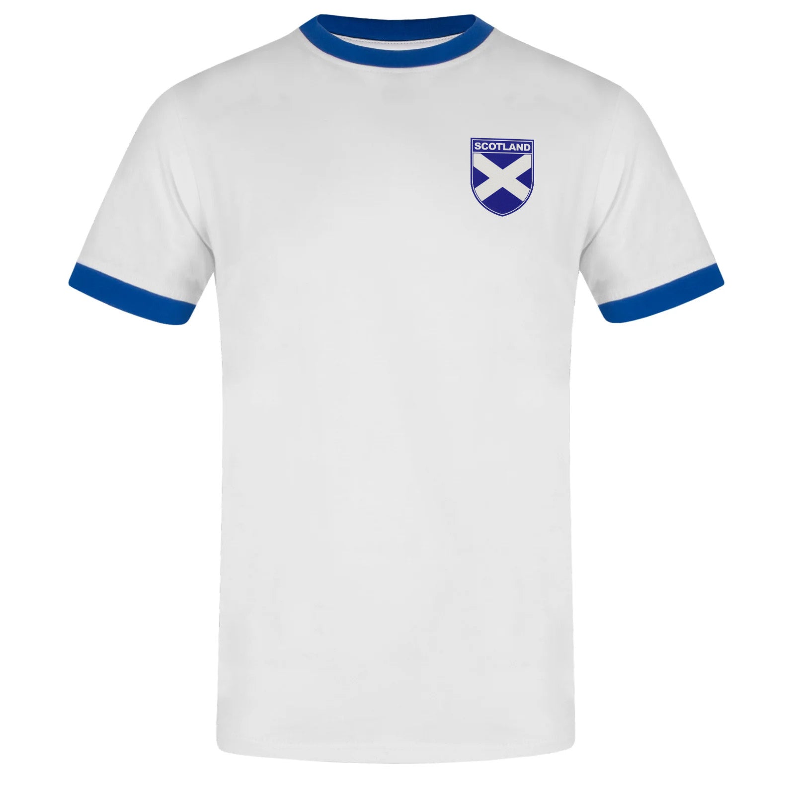 Scotland adults retro ringer t-shirt in white with contrast blue trims and logo to chest