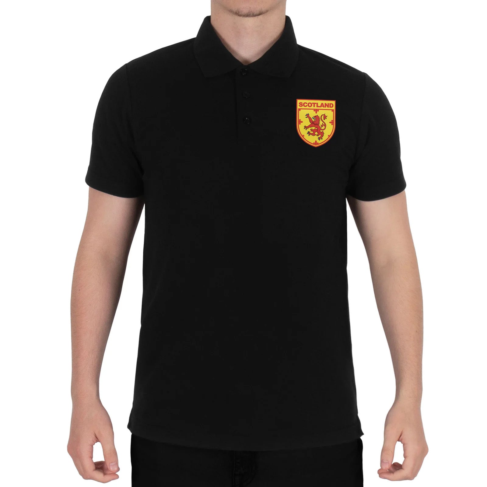 Scotland retro polo shirt in black, navy, royal & white with printed logo on the chest