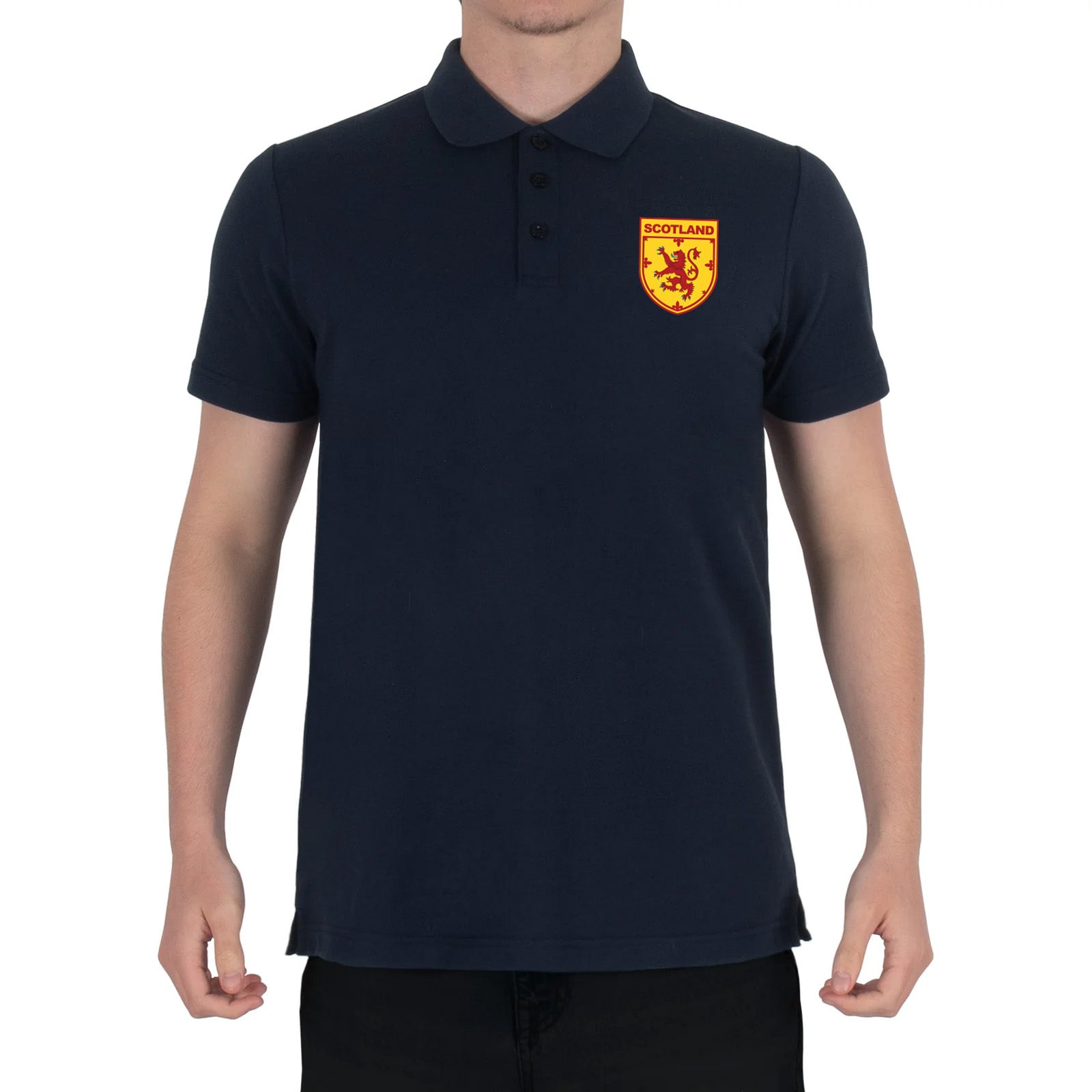Scotland retro polo shirt in black, navy, royal & white with printed logo on the chest