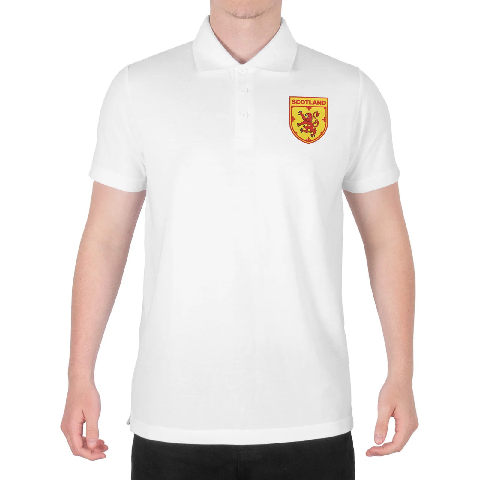 Scotland retro polo shirt in black, navy, royal & white with printed logo on the chest