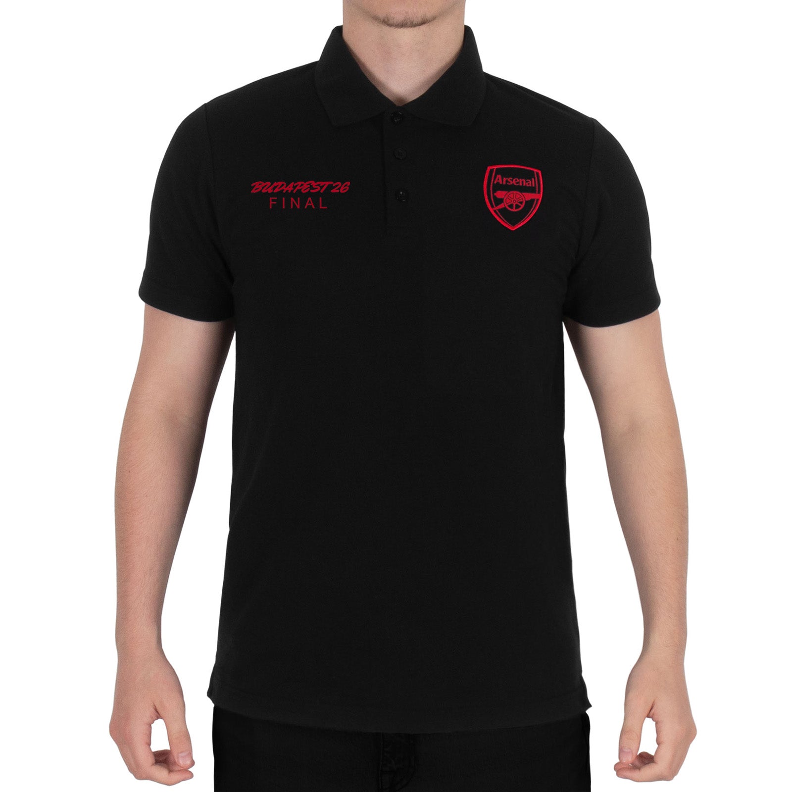 Arsenal polo shirt for adults in black featuring the club crest and budapest 2026 graphic to the chest