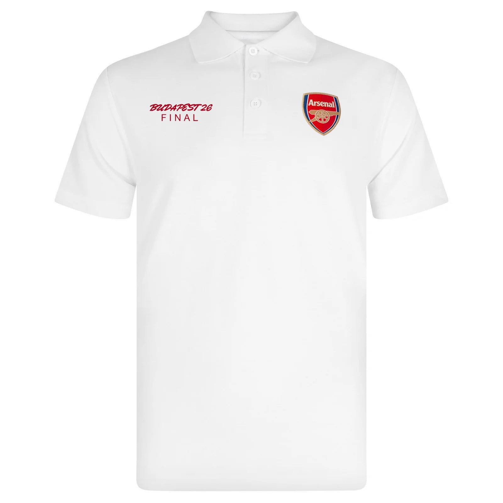Arsenal polo shirt for adults in white featuring the club crest and budapest 2026 graphic to the chest