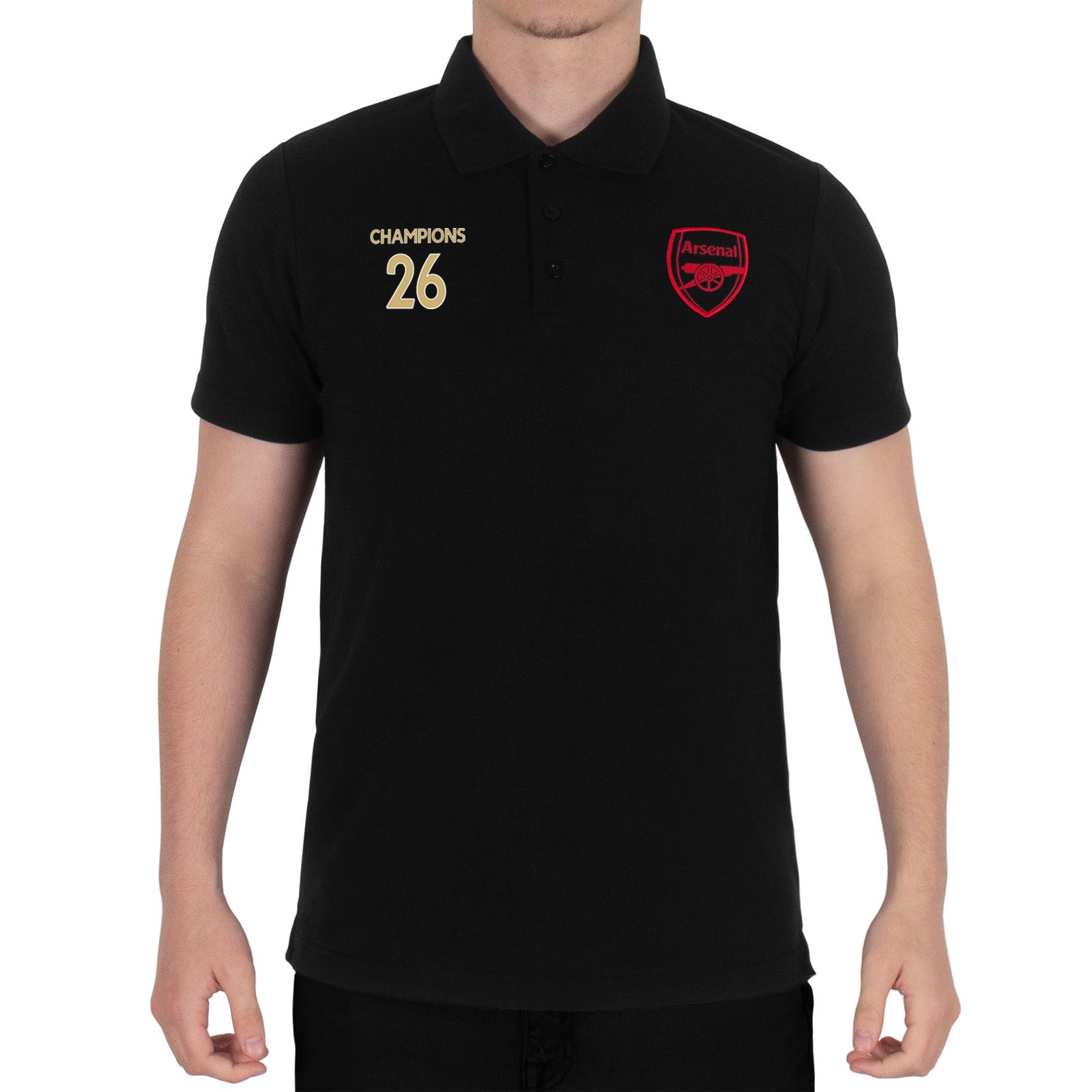 Arsenal polo shirt for adults in black featuring the club crest and Champions 2026 graphic to the chest