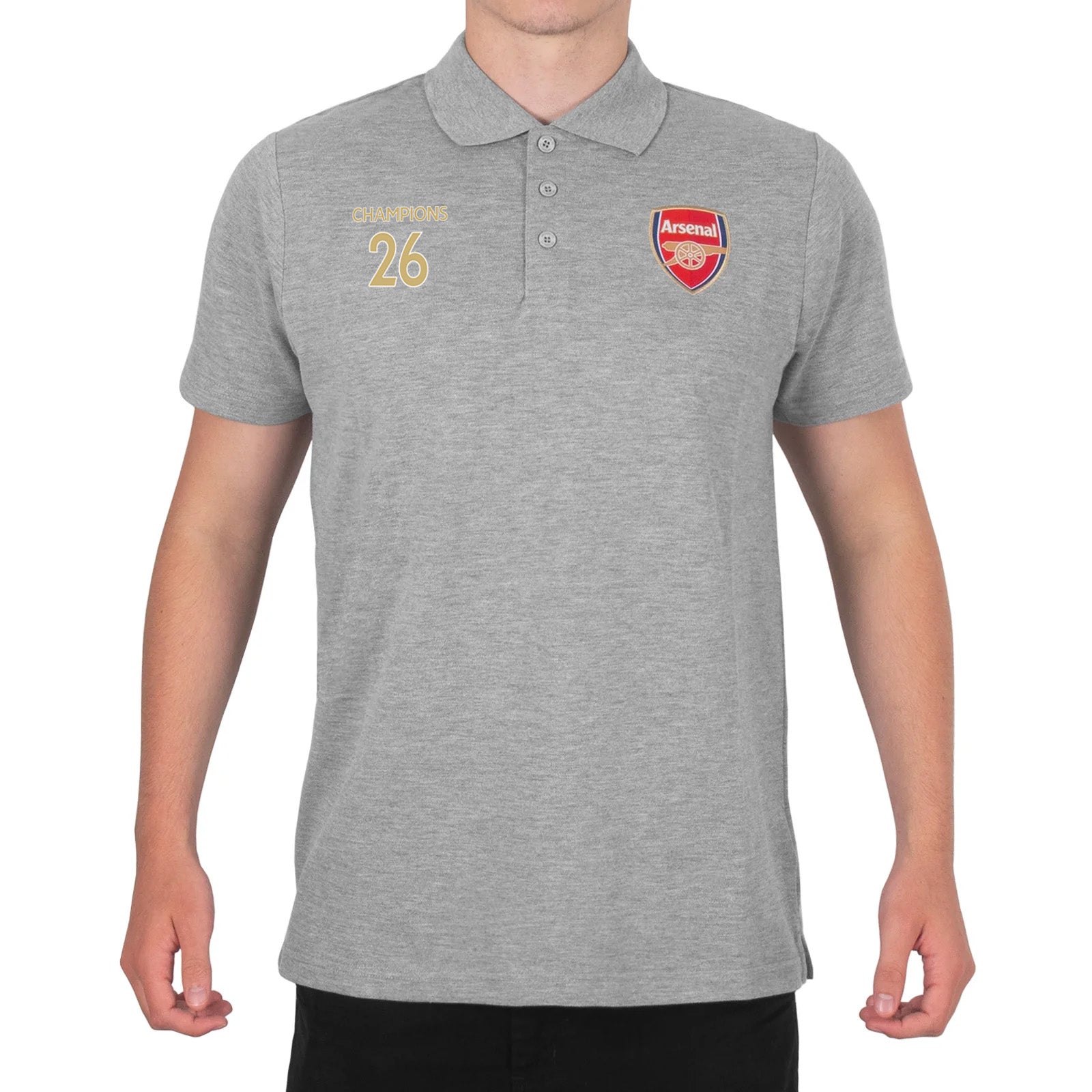 Arsenal polo shirt for adults in grey featuring the club crest and Champions 2026 graphic to the chest