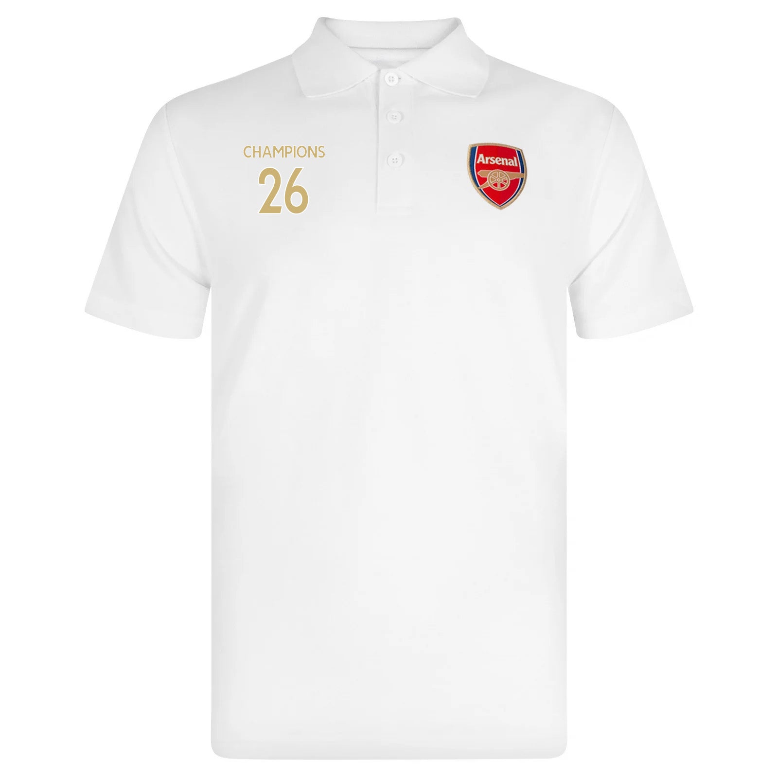 Arsenal polo shirt for adults in white featuring the club crest and Champions 2026 graphic to the chest
