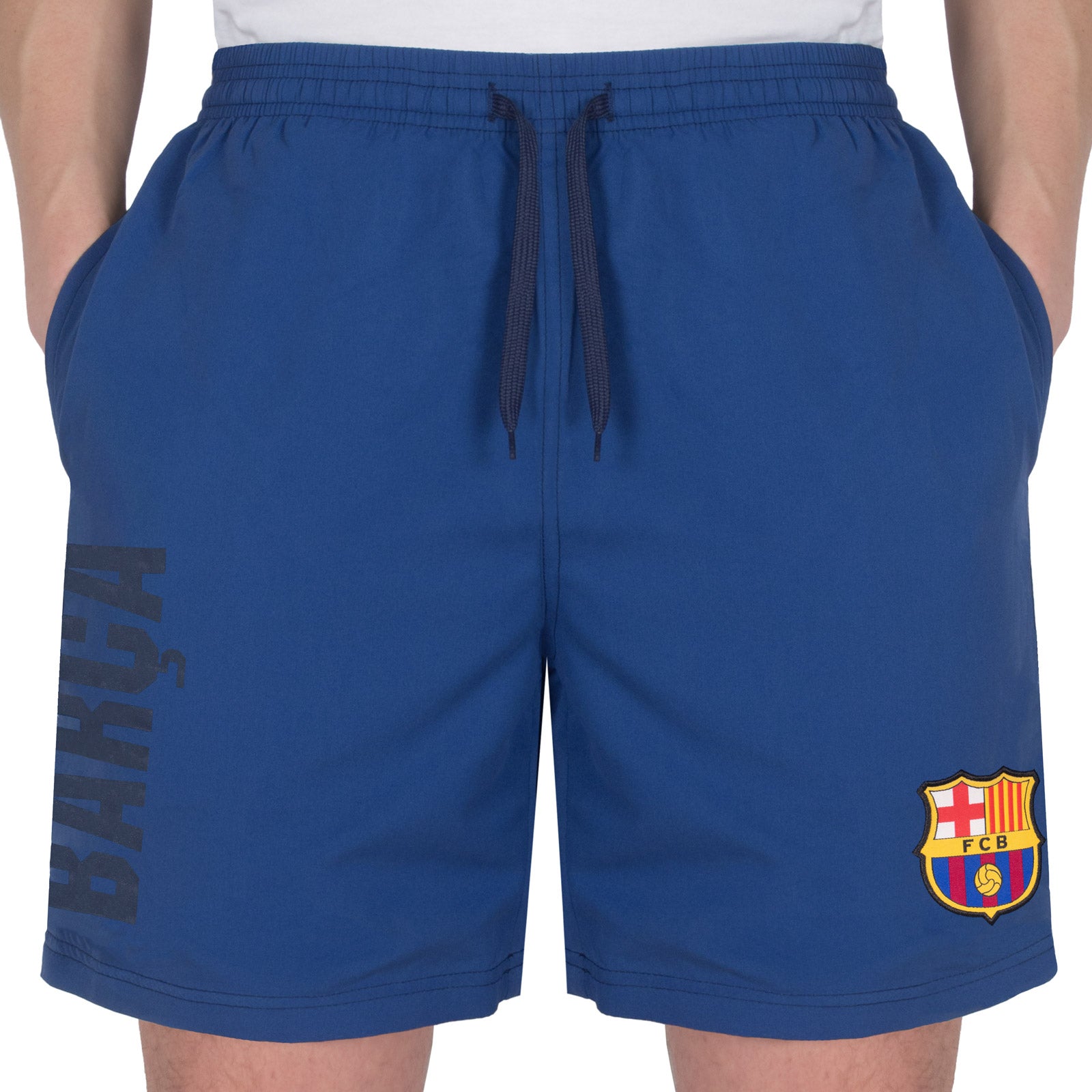 FC Barcelona adults fleece shorts in blue with crest to left leg and pockets to front & back.