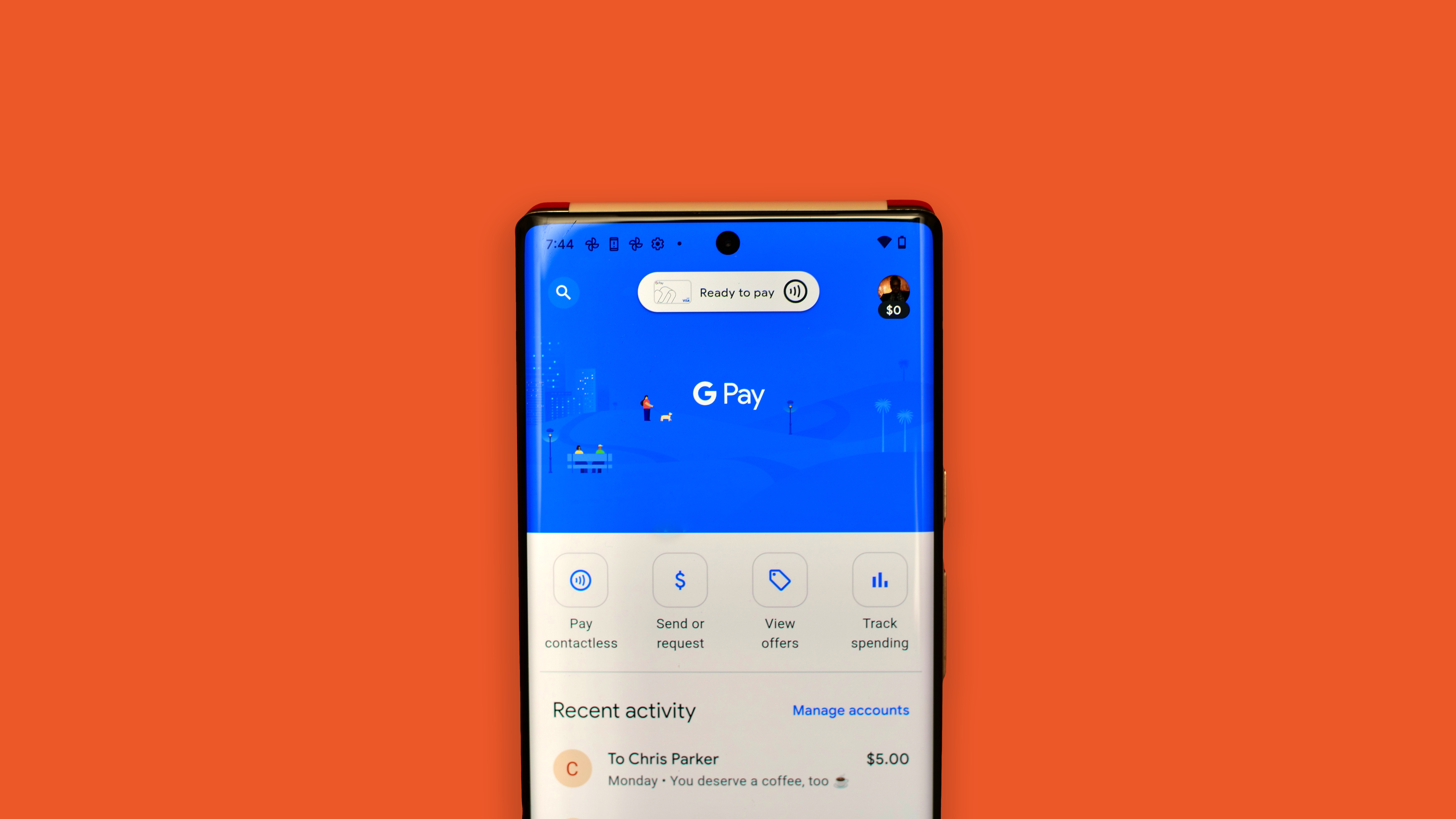 A Google Pixel 6 Pro phone with the Google Pay app on the screen
