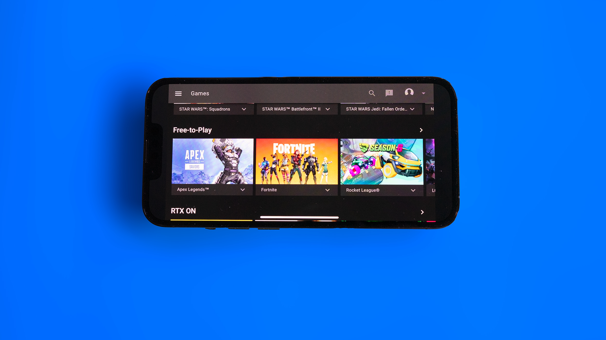 GeForce Now webapp screen showing thumbnails for three of the free-to-play games, Apex Legends, Fortnite and Rocket League