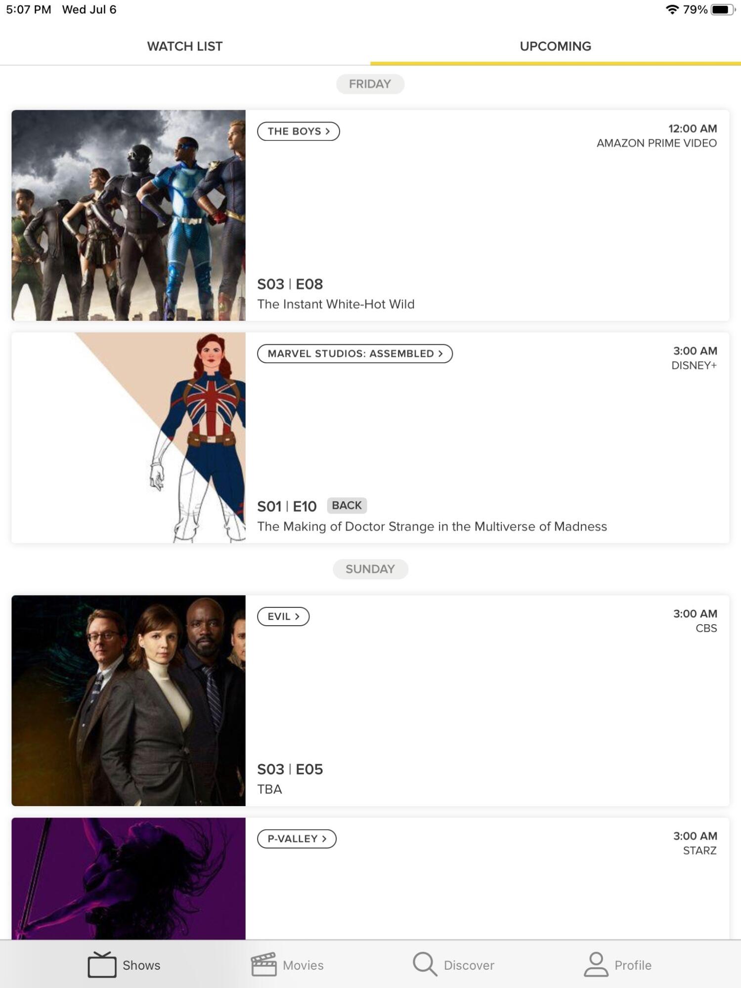 TV Time app display with thumbnails for The Boys, Evil, Marvel Studios: Assembled
