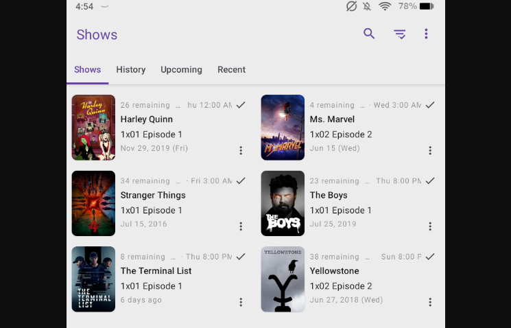 A screenshot of SeriesGuide listings for Yellowstone, Stranger Things and more