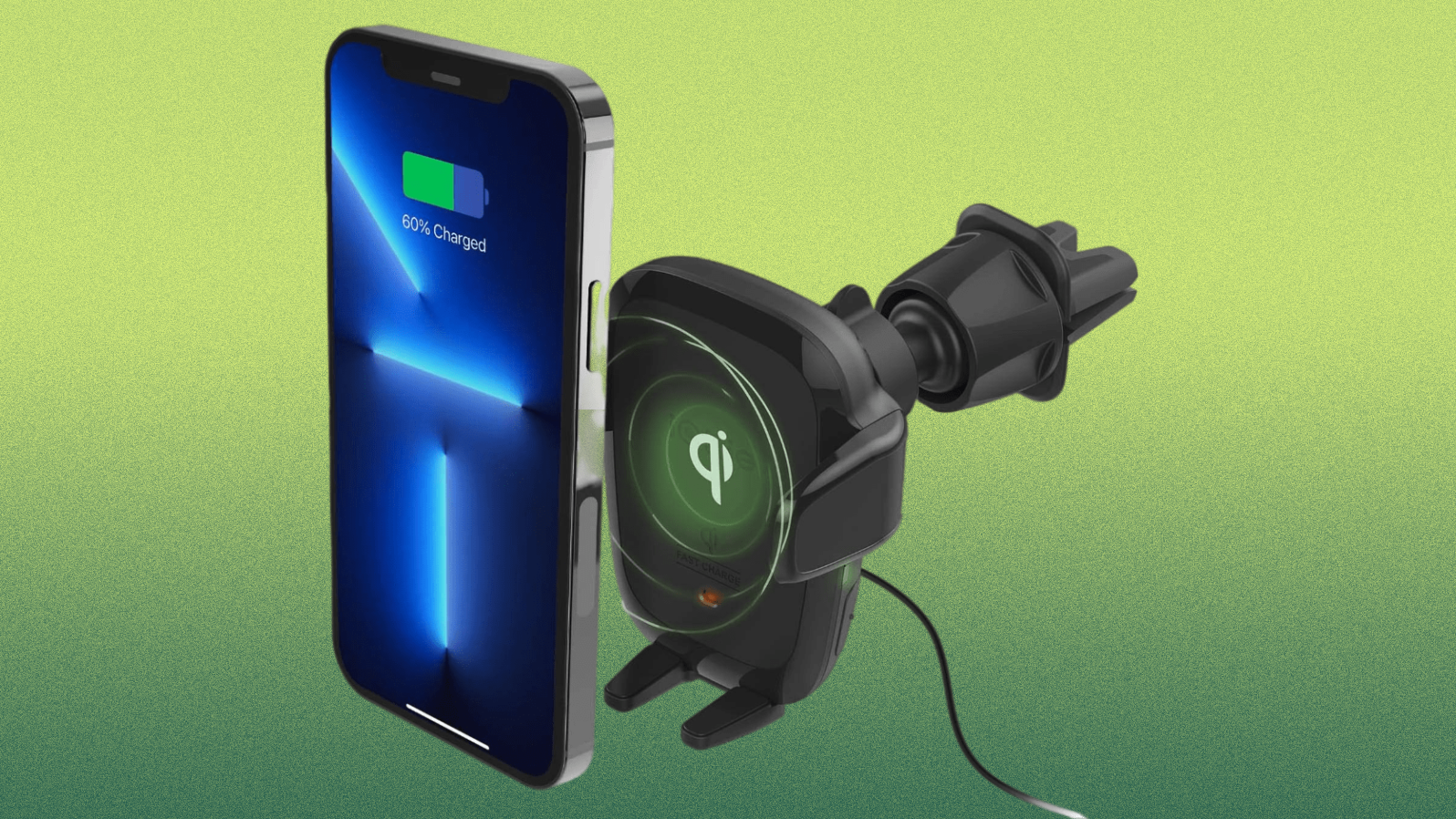 The iOttie Auto Sense Qi Wireless Car Charger in front of a green gradient background.