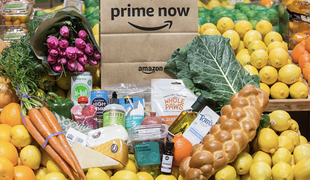 groceries in front of amazon bag