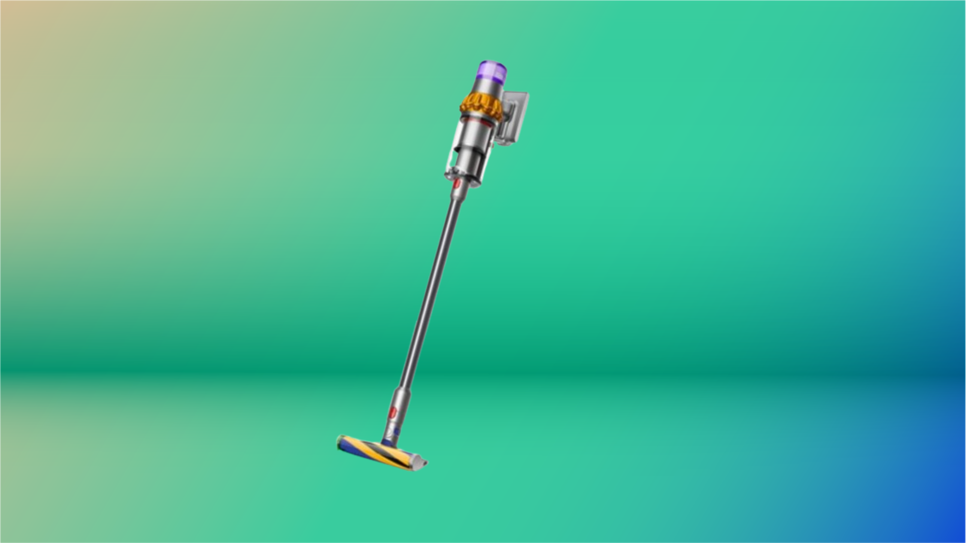 silver cordless stick vacuum with purple, orange and yellow accents against blue and green gradient