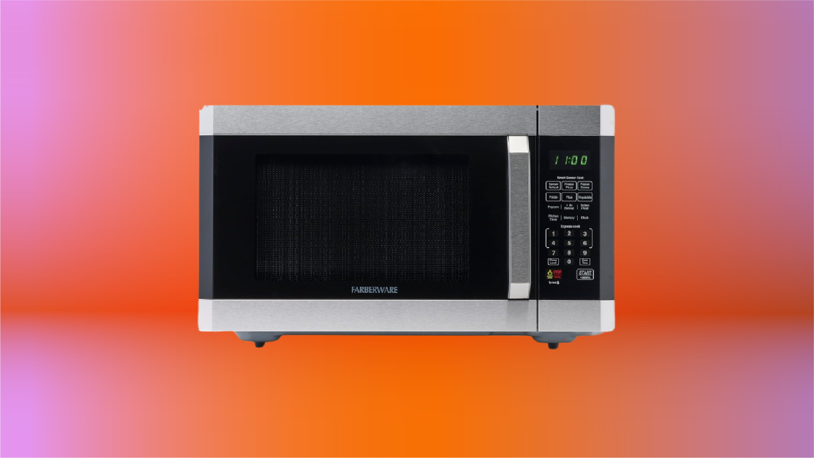 Farberware microwave in silver and black displayed on orange gradient background.
