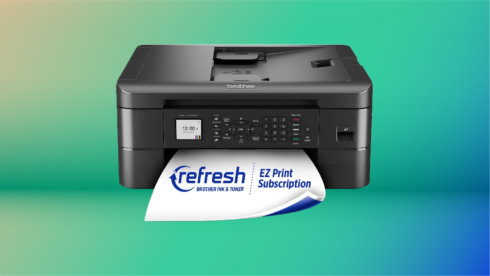 A Brother printer in the color black displayed on a green and blue gradient background.